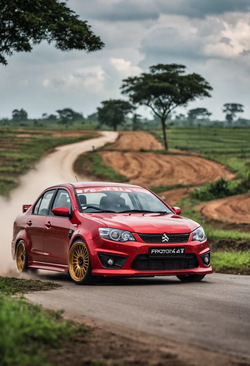 A Close Up Shot of A Proton Saga, wide body, flushed fitment wheels, taking in (Sony A7RIII 18mm focal length), (f5.6 aperture), (1/80 shutter speed), (bokeh), dusty winding roads, paddy fields, motion blur, unobtrusive, realistic, details sky, majestic, 8K HD