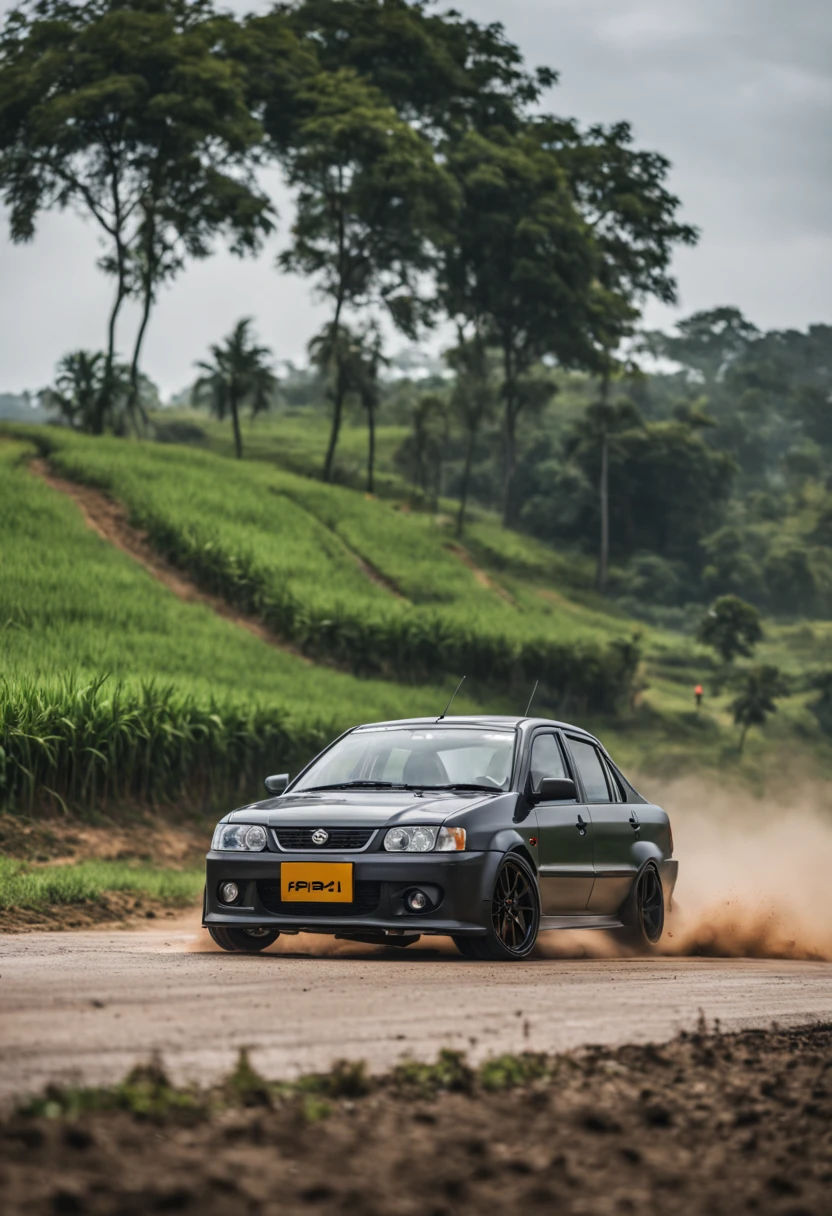 A Close Up Shot of A Proton Saga, wide body, flushed fitment wheels, taking in (Sony A7RIII 18mm focal length), (f5.6 aperture), (1/80 shutter speed), (bokeh), dusty winding roads, paddy fields, motion blur, unobtrusive, realistic, details sky, majestic, 8K HD