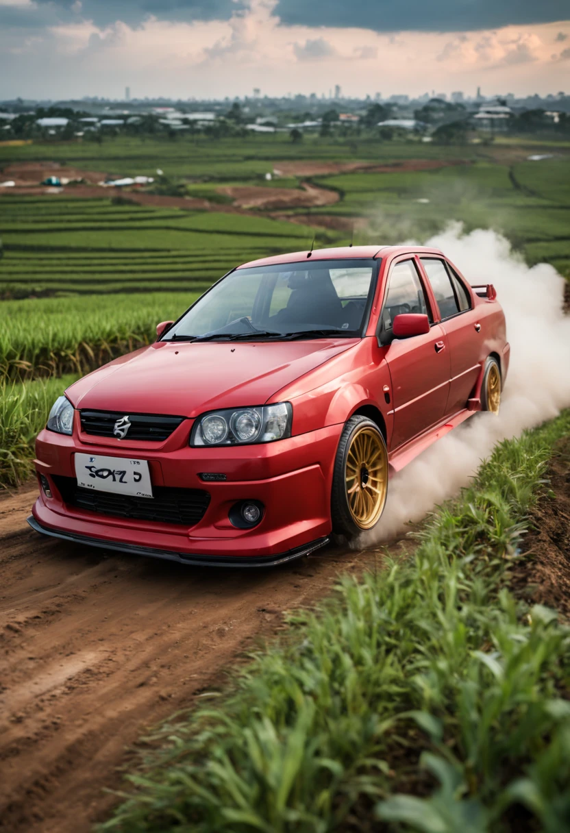 A Close Up Shot of A Proton Saga, wide body, flushed fitment wheels, taking in (Sony A7RIII 18mm focal length), (f5.6 aperture), (1/80 shutter speed), (bokeh), dusty winding roads, paddy fields, motion blur, unobtrusive, realistic, details sky, majestic, 8K HD