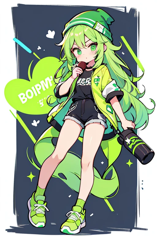 Jade is a fair skinned girl with a medium build. She has wavy, hip-length apple green hair parted to the side and turquoise doe-eyes. Her makeup typically consists of various shades of green eyeshadow combined with a chocolate-colored smoky eye, rosy blush, and taupe nude lipstick. Jade's signature outfit consists of a baggy, black T-shirt with a large "Anti Sparkle Sparkle Club" logo partially covered by a crude, bright green heart. She wears neon green midi or knee length shorts with a black graffiti pattern spelling out various phrases across them, for example Rainbow and Sparkle. She also has a bright green puffer jacket, and a lime green beanie. Her shoes are neon green sneakers with a translucent pink gel sole, black laces, and white bubble letters that spell "RAI" on one side and "BOW" on the other.