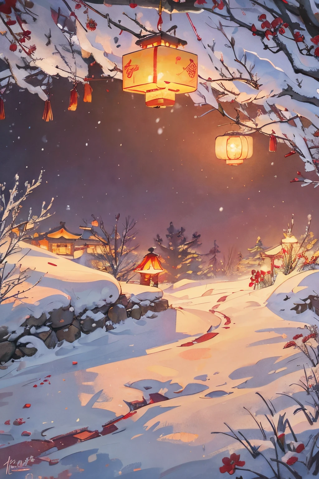 Faraway view,single scene,NOhumans,Outdoor snow view,Antique architecture, winter solstice, Tangyuan, festive atmosphere, flowers blooming,ultra - detailed,hyper HD, Colorful palette, Warm and cozy glow,warm lights,red tint,