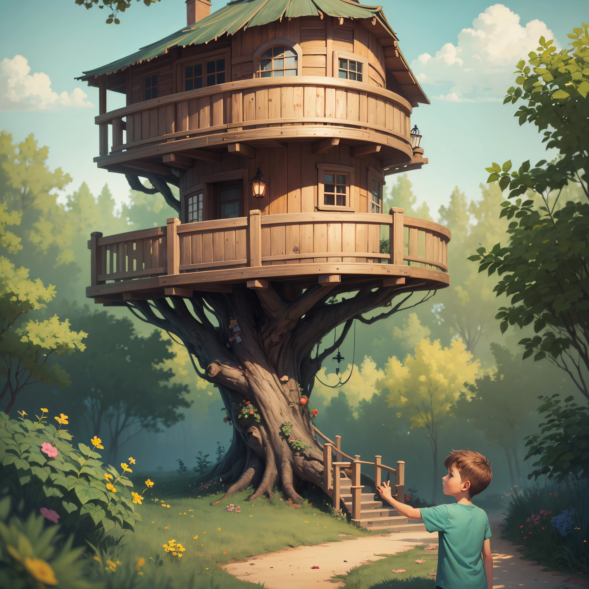 Illustrate a quaint backyard scene with an old, hidden treehouse. Convey a sense of curiosity as a  boy named discovers the magical treehouse for the first time. --auto --s2