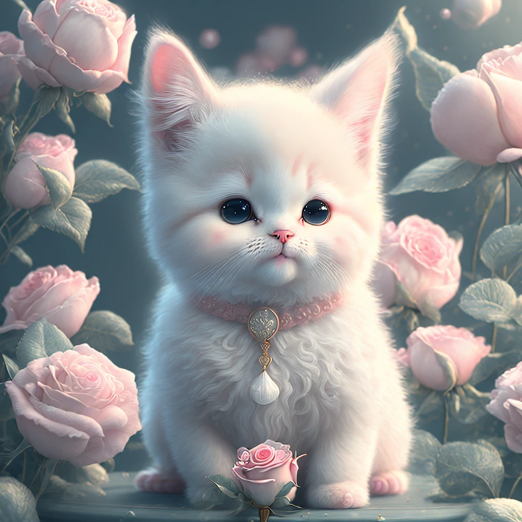 Nesta arte CG ultra-detalhada, the adorable kitten surrounded by ethereal roses, best quality, high resolution, detalhes intrincados, fantasia, animais bonitos, Coelho Sorriso