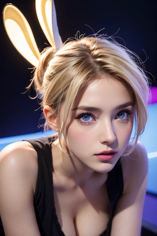 femme nude, femme italienne, yeux bleus, cheveux blonds et grands yeux, les yeux, neon jeux hall, neon luminaire Violet Myers, ohne Maquillage, maquillage naturel, Visage avec Artgram, dezentes Maquillage, Superbe photo du corps entier, Fission, (beste-Qualit, 8k, 32K, Masterpiece, UHD :1.2), photo d'une femme italienne assez grande, Blond, gros seins, very short hair, mineur, Arrière-simple plan with neon, gros seins, gros cul, jambes ouverte, cheveux blonds, very short hair, a female celibataire, talons hauts, oreilles de lapine sexy, femme nue, sous vêtement noir,