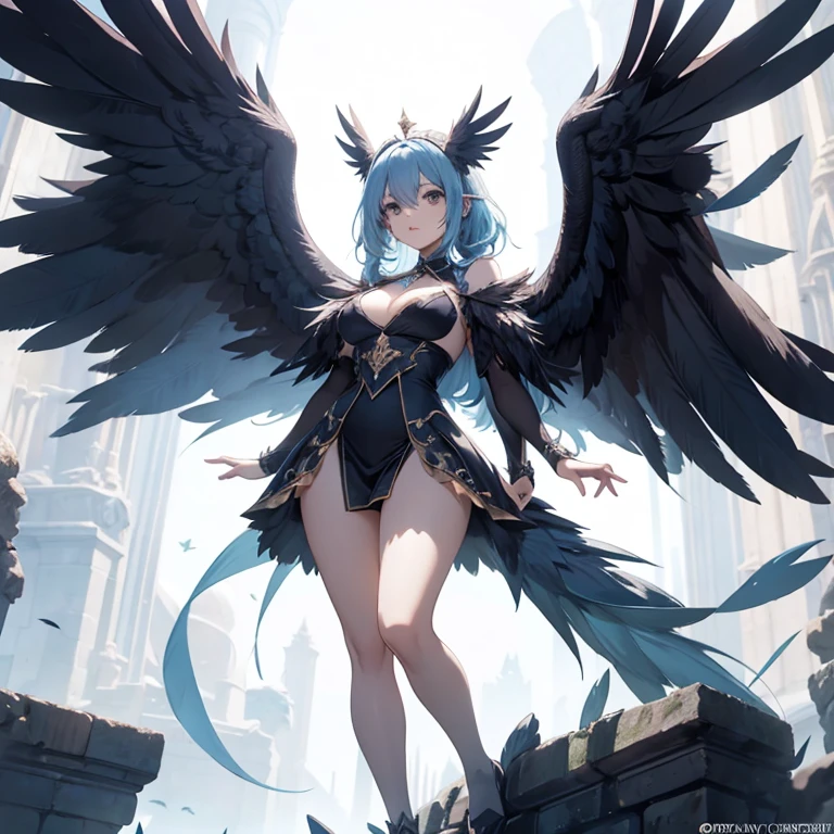 harpy, reina, con los brazos cruzados, with large and imposing wings and eagle feet, con un vestido corto medieval.