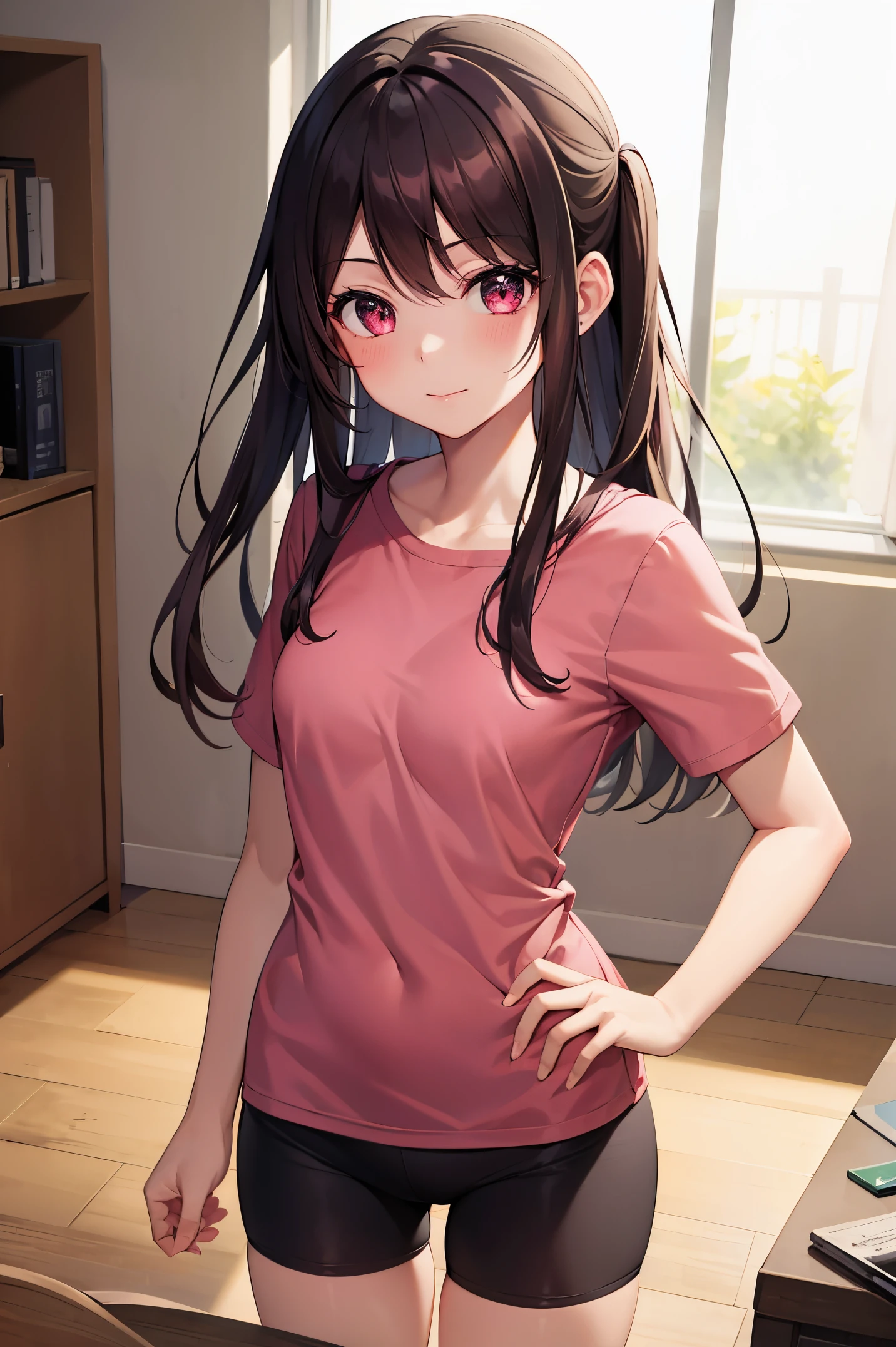 Room, 1 girl, best quality, ultra high res, long hair, brown hair, Brown eyes, bike shorts, pink shirt, short sleeves, looking at viewers, small breast, standing, pov, slim body