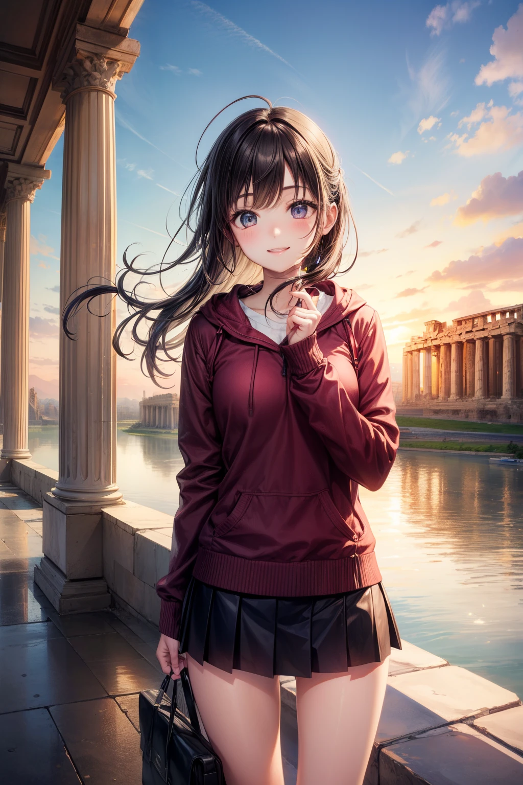 top-quality、lighting like a movie、 1girl in、Parthenon、tourist girl、ssmile、a miniskirt、One-handed piece、overlooking the temple、