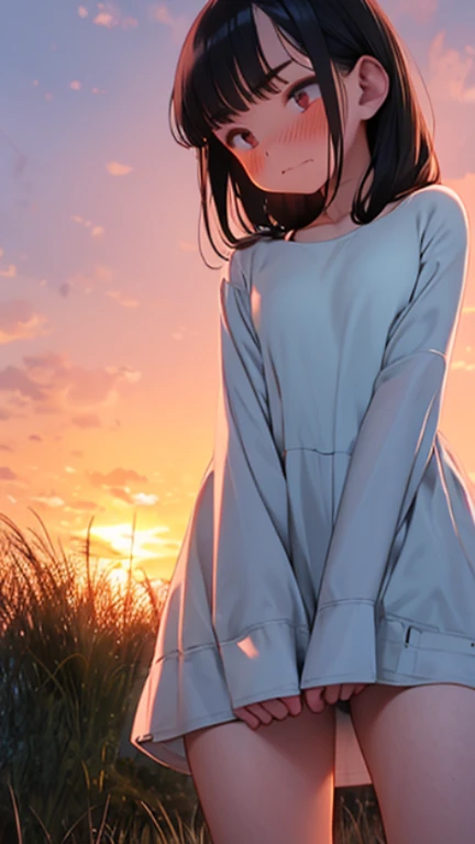 standing, hand between legs, legs spread, 1girl, sunset, full nude,blush, embarrassed, sunset, outdoors, evening, grass, dusk, twilight, from below, angry, wavy mouth