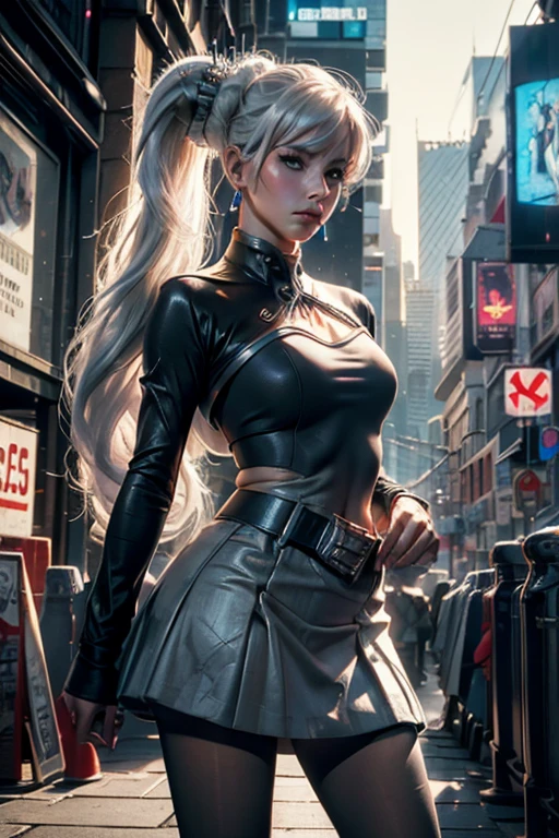 (masterpiece, best quality:1.2), cowboy shot, solo, 1girl, weissmistral, expressionless, closed mouth, looking at viewer, long white hair, side ponytail, t-shirt, skirt, pantyhose, jewelry, earrings, cyberpunk city background
