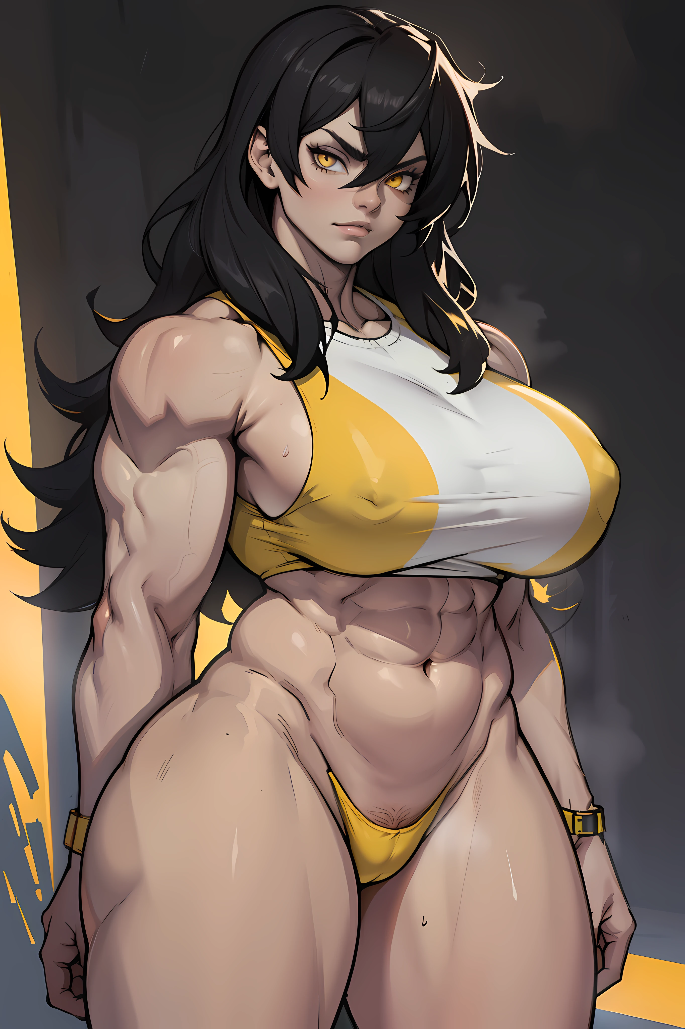 (bodybuilder) pale skin yellow eyes black hair very long hair 1girl huge breasts dark atmosphere thick thighs simple background