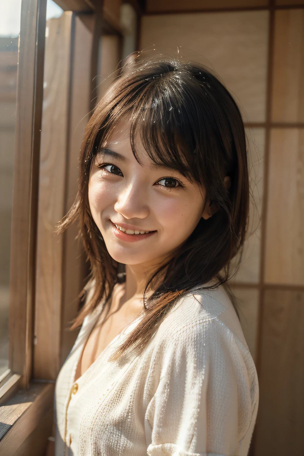 Best Quality, in 8K, japanes、18 year old girl, Hurray、sano、Good Style、A smile, Idol、Cute, Sophisticated, Film grain, bangss、long、Sunlight、optic、Raw photo, Professional Photography, Soft light, Professional Lighting,