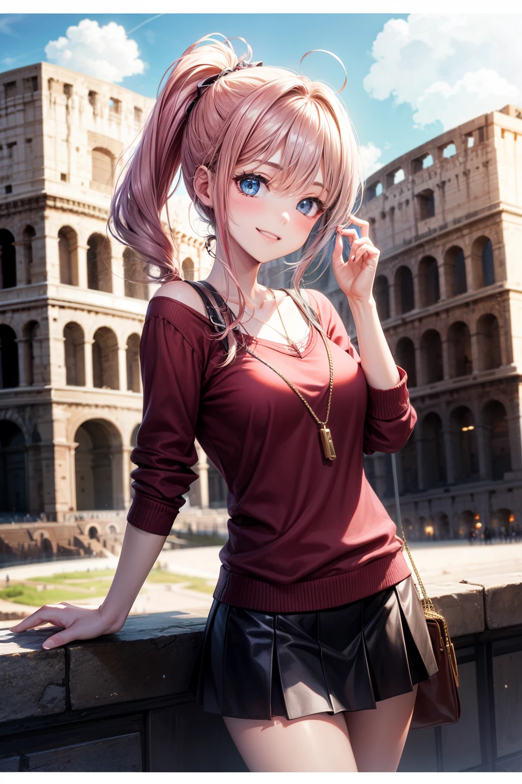 top-quality、lighting like a movie、 1girl in、Colosseum、tourist girl、ssmile、a miniskirt、One-handed piece、poneyTail