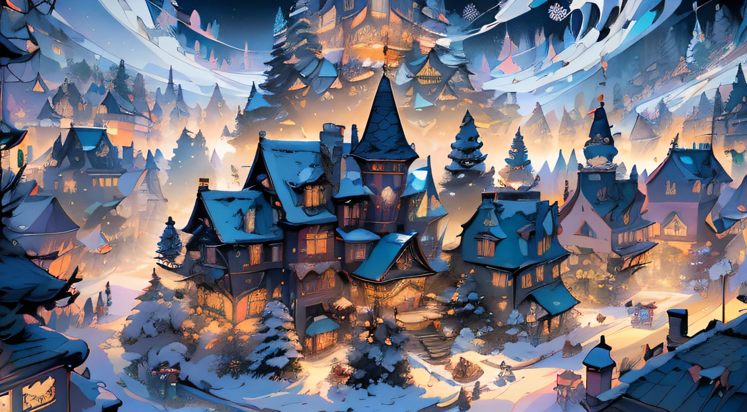 (((tmasterpiece))),(((high high quality))),(((8k wallpaper))),(((Aerial view of a huge winter town,tas'Decorated with holiday decorations,stately christmas tree))),(((Lights twinkling over the village))),(((starting tree))),(((festival village))),(((Yuki))),(((snow covered scene))),(((Winter wonderland))),(((snowflower))),(((Rawson River Cottages and Villas))),(((Create a charming entrance to this winter paradise))),(((camera top view))),(((amazing scenery))),(((Vivid Landscapes capture the festive atmosphere with stunning views))),(((The charm of the four seasons is fascinating))),(((Amazing panorama of the winter charm of the village))),(((Stunning colors in holiday decorations))),(((An extraordinary experience that makes your holiday dreams come true))),(((An unreal journey into winter paradise))),(((A surreal environment where joy and snow are intertwined))),(((Stunning winter fantasy landscape with stunning scenery))),(((stunning images))) Decorations full of holiday magic,(((dreamlike perspective,Reality shines with enchanting charm))),(((Spectacular snowflakes falling from the sky))), fantasy art style, Best quality, ultra - detailed, The scenery is covered with the most beautiful coat of winter,(((snowy forest))), stunning winter landscape,(((Best quality))),(((A high resolution))),(((Focus sharp))),(((ultra - detailed))),(((The content is very detailed))),(((extremely high quality artwork))),(((8k wallpaper))),(((Extremely detailed CG 8k))),(((Very beautiful 8K CG))),((Super detailed and perfect work)),(((flawless perfection))),(((illuminations))),(((动态照明))),(((Dinamic Light))),(((festive brilliance))),(((cinematic shadow))),(((Textile shading))),(((colorful cathedral))),(((glowing reindeer))),(((Twinkling snowflakes))),(((Chimneys with smoke))),(((Glowing Window Holiday Wreath))),((( skating rink))),(((glow sled))),(((Roof of the World))),(((iintricate))),((( the ai.