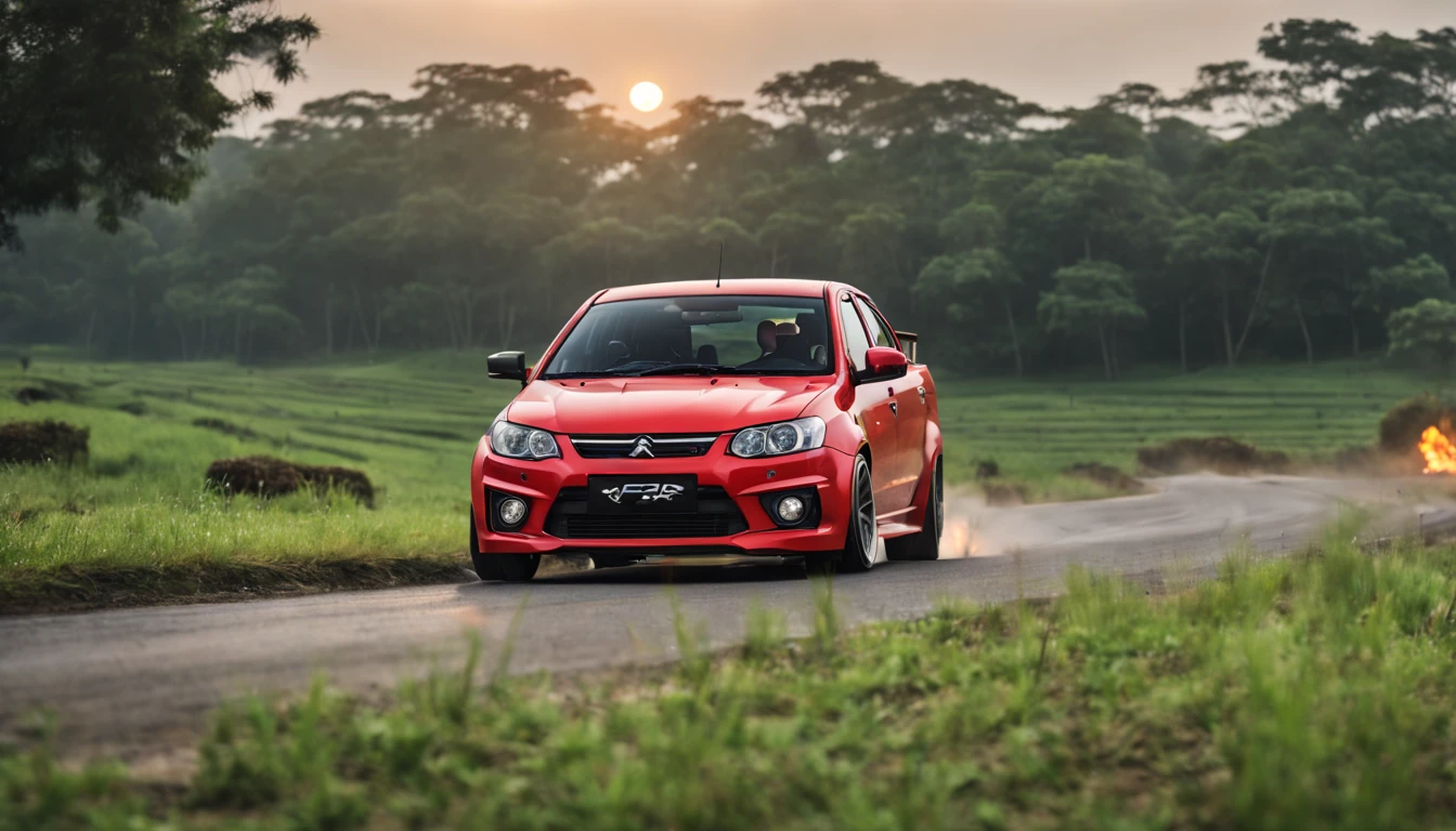 A Close Up Shot of A Proton Saga, wide body, flushed fitment wheels, taking in (Sony A7RIII 18mm focal length), (f5.6 aperture), (1/80 shutter speed), (bokeh), dusty winding roads, paddy fields, motion blur, unobtrusive, realistic, details sky, majestic, 8K HD, Cinematic, Dynamic angles