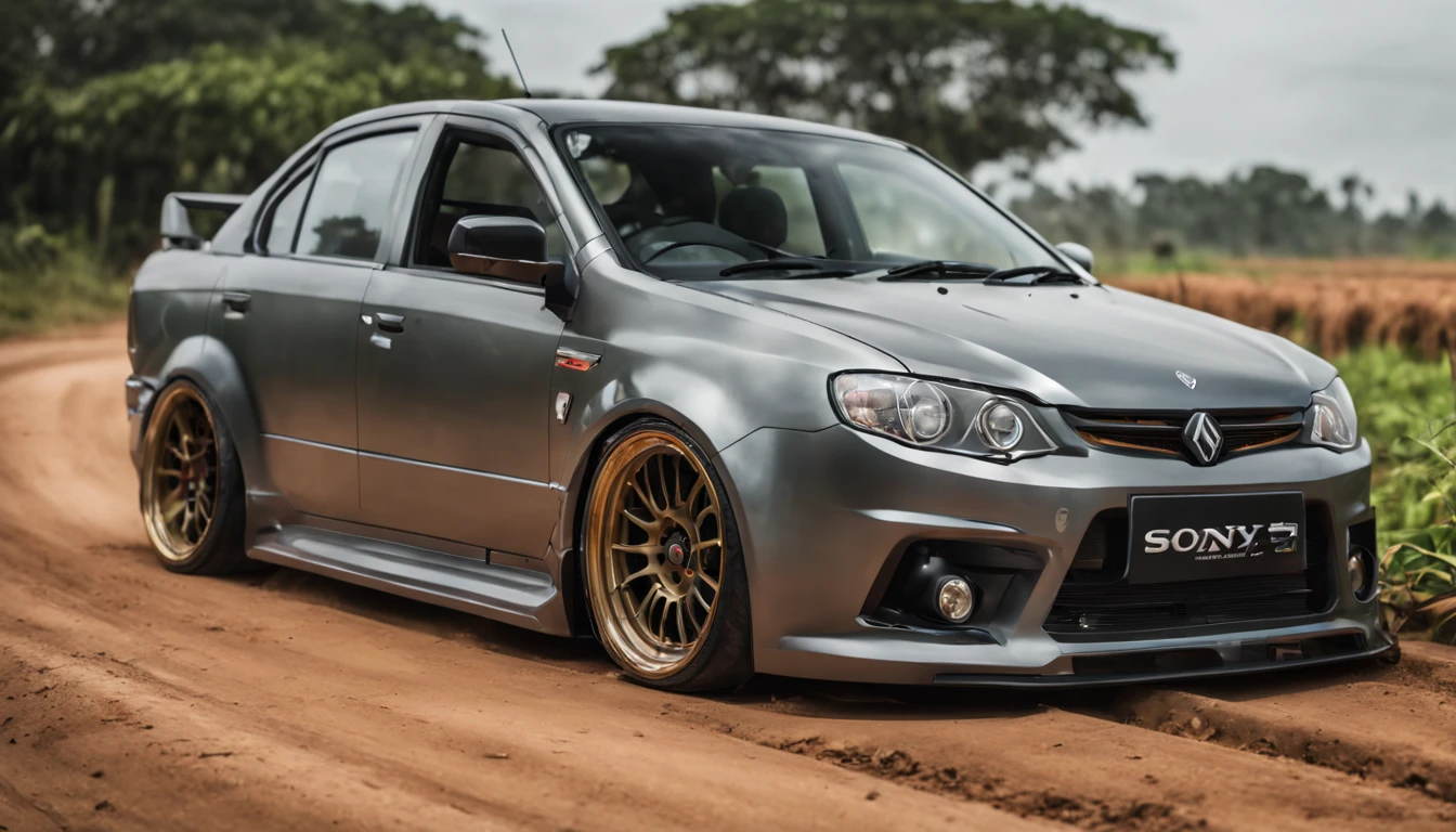 A Close Up Shot of A Proton Saga, wide body, flushed fitment wheels, taking in (Sony A7RIII 18mm focal length), (f5.6 aperture), (1/80 shutter speed), (bokeh), dusty winding roads, paddy fields, motion blur, unobtrusive, realistic, details sky, majestic, 8K HD, Cinematic, Dynamic angles