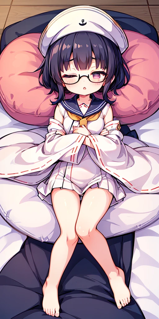 (((Hugging pillow cover illustration)))、(((full body seen)))、(((short dark hair))), (((Woman with flat chest))、((Wear black glasses with your eyes almost closed))、Rough breath、high body temperature、Drool drips from the sloppily opened mouth、Expression tinged with pleasure、(The upper half of the eye hidden by the eyelid.)、(she was lying on her back on a white blanket)、 (white kimono style sailor suit)、(white sailor style kimono)、(wear a marine cap)、White cap、(Wearing Hakama)、(Sleep with your legs closed and stretched out)、Sleep with your legs stretched、A heart mark appears on the face、 A pink heart tattoo shines on the lower abdomen、(raises both her hands above her head)、Raise and cross your arms、Straighten your back、View from directly above、You can see the entire futon、Lie down on your back in the middle of a vast white futon、Stretch both legs