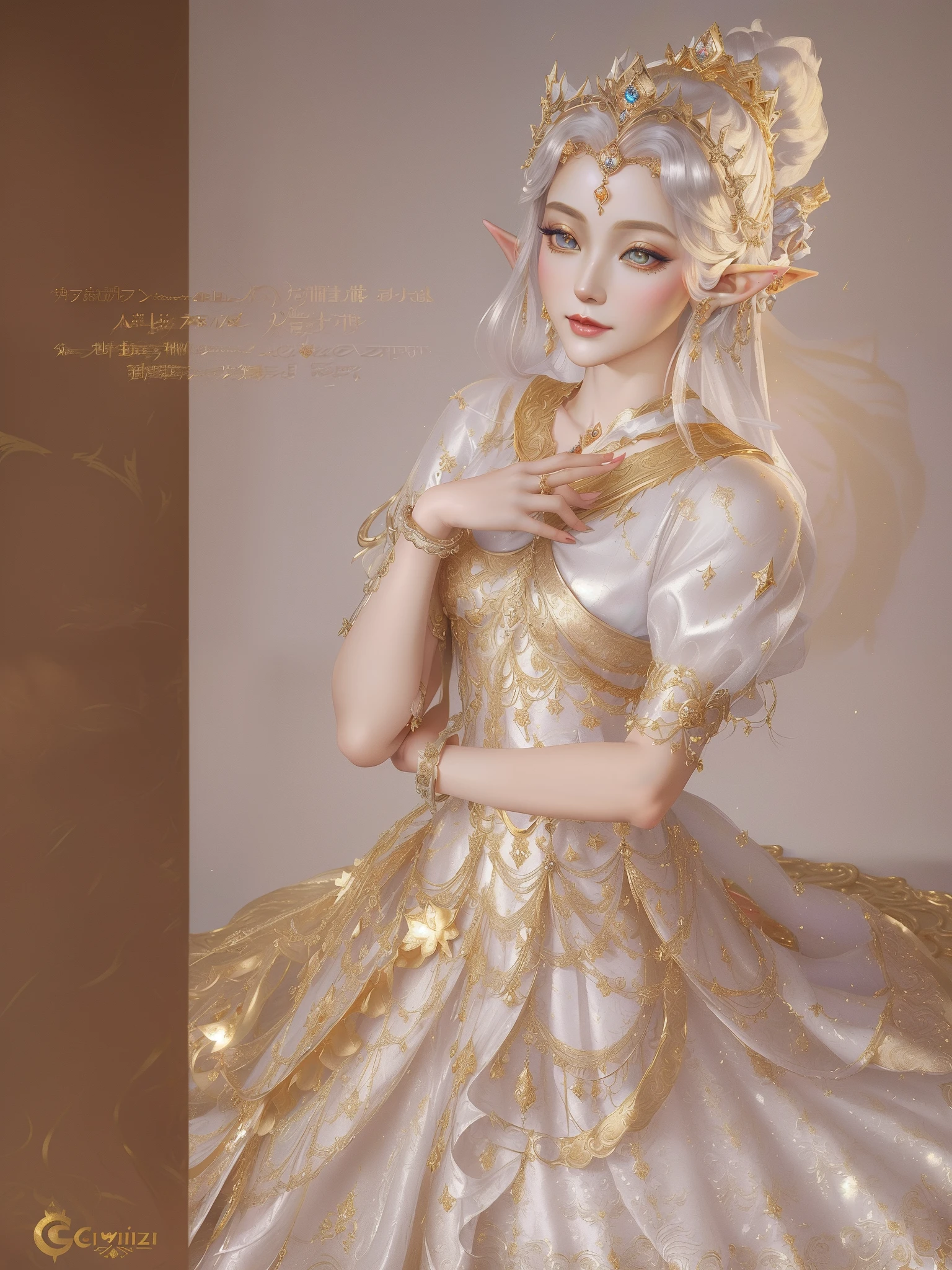 (1girl),smooth chin,masterpiece,detailed face,((hair ornament:1.7)),top quality,hand ornament,make up,best quality,alone,single,solo,only one,one character,blush,(body blush),(detached sleeves),earrings,(large breasts),full body,dress,long dress,see-through,yellow dress,lace dress,looking at viewer,<lora:s_I__ZZ~_v1.1:0.65>,thin face,silver hair,wide sleeves,detailed hand,