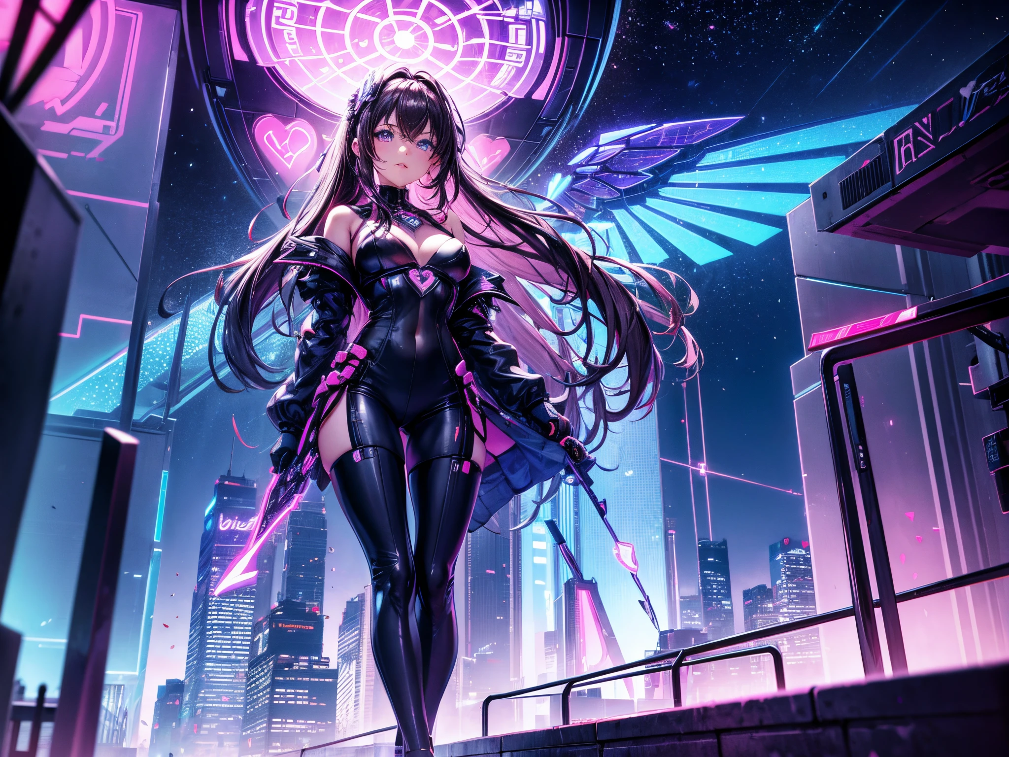 Illuminate a futuristic cityscape with neon lights where 3D hearts and roses pulse to the rhythm of urban life, with Cupid soaring overhead amid fractal skyscrapers.
