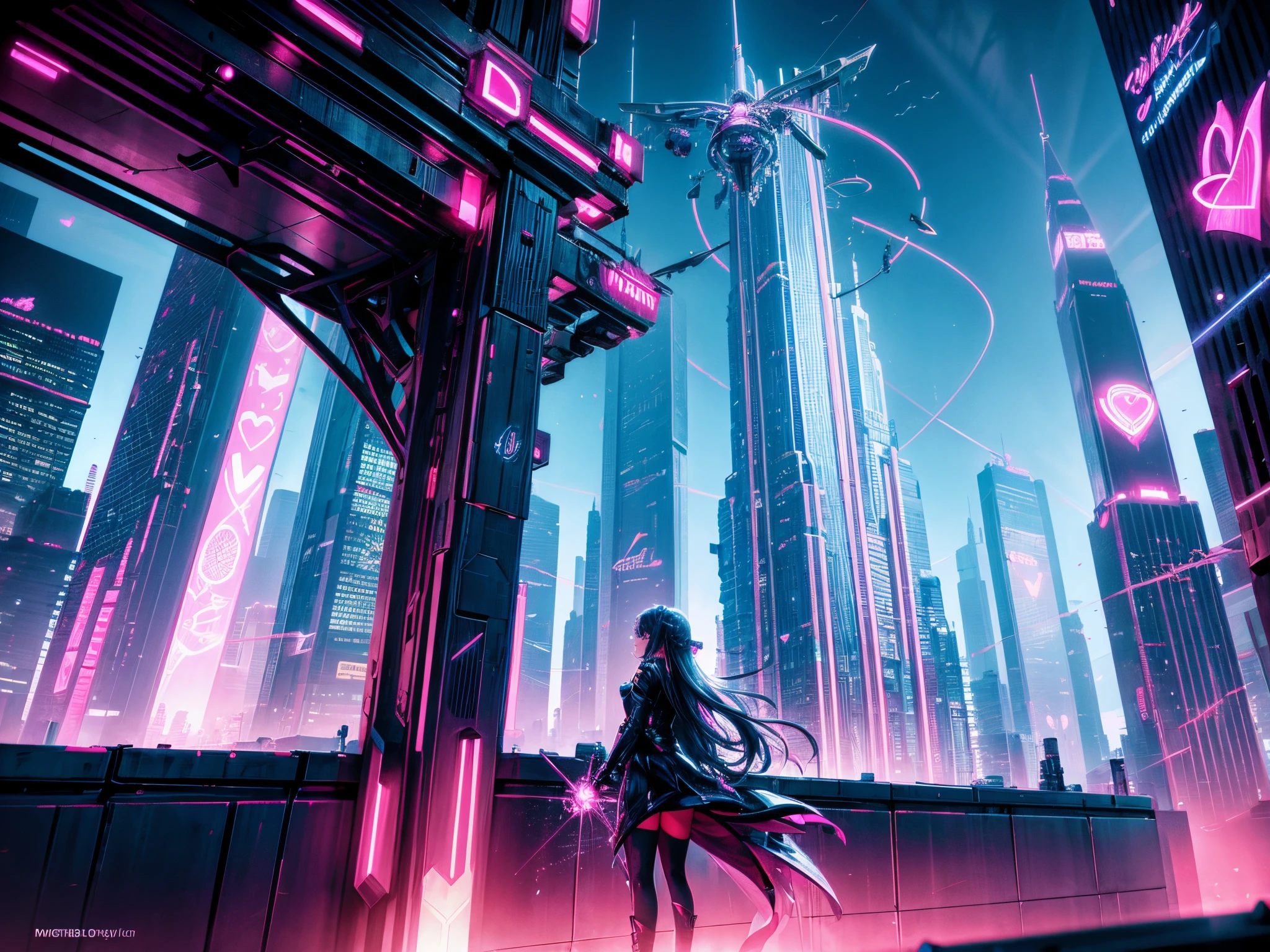 Illuminate a futuristic cityscape with neon lights where 3D hearts and roses pulse to the rhythm of urban life, with Cupid soaring overhead amid fractal skyscrapers.