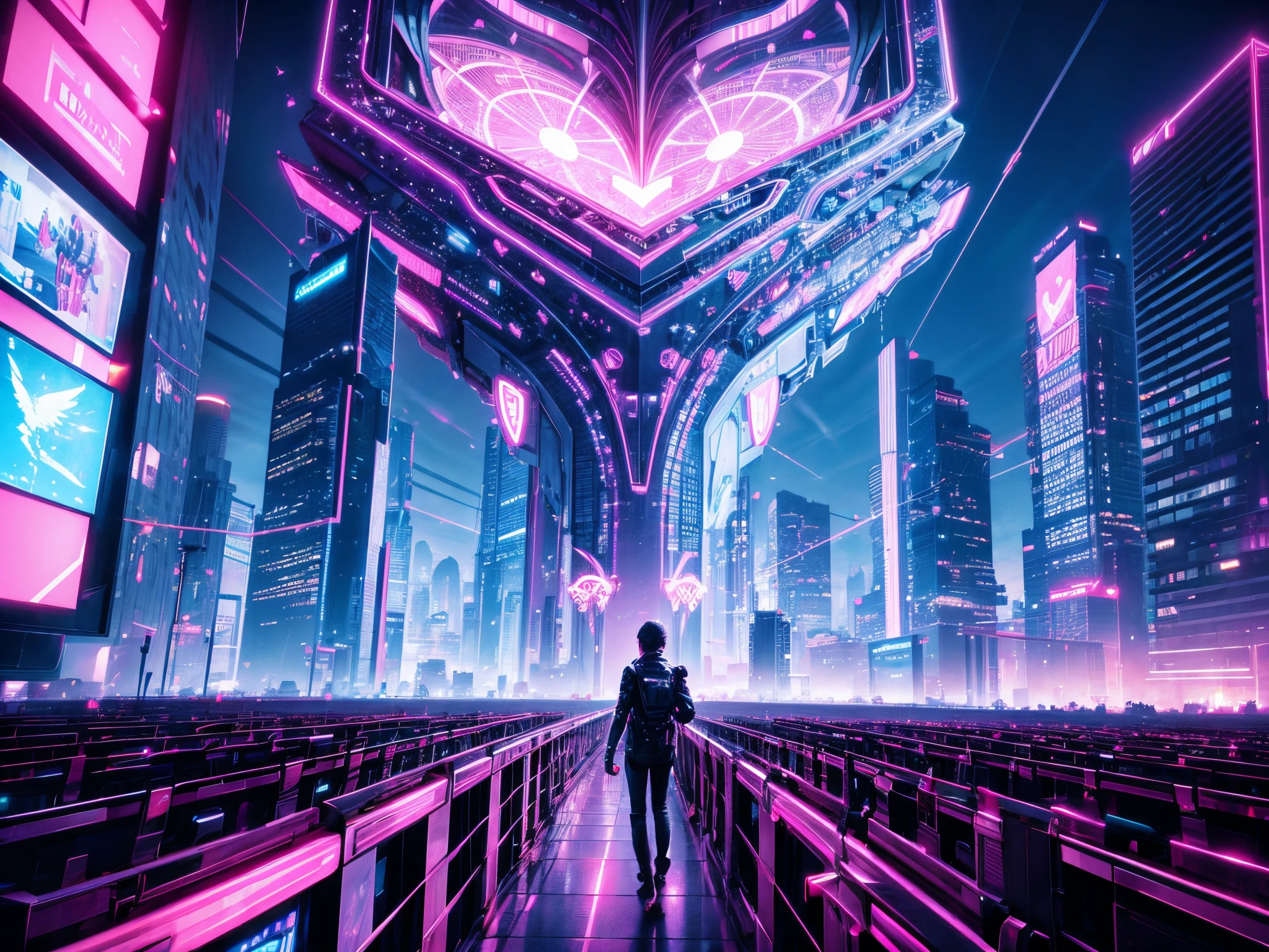 Illuminate a futuristic cityscape with neon lights where 3D hearts and roses pulse to the rhythm of urban life, with Cupid soaring overhead amid fractal skyscrapers.