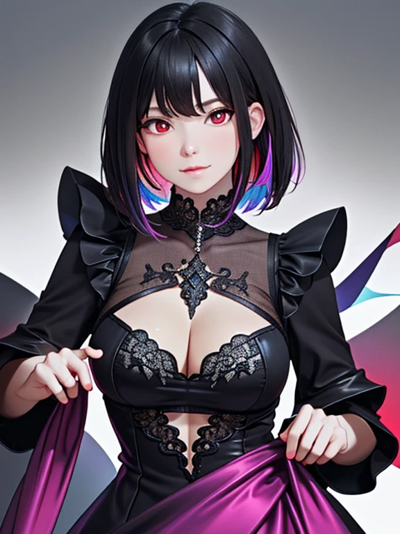 ((masterpiece、top-quality:1.5、a high chroma:1.5、ultra-detailliert、high-resolution illustrations:1.5、Ultra-high-definition CG、8k size wallpaper、offcial art))、(front view:1.8),(1woman,),(Shining red eyes:1.5),(cute face:1.5,cute eyes:1.5)、(close to viewer:1.5),
(clear face:1.3)、(sexy body),((black luxury fantasy dress:1.5)),((intricate detailes,detailed fantasy dress)), (Beautiful dress in every detail),(large breasts:1.5),(s fractal art:1.5)、(highly colorful:1.5)、,(Shining red eyes:1.2),fantasy