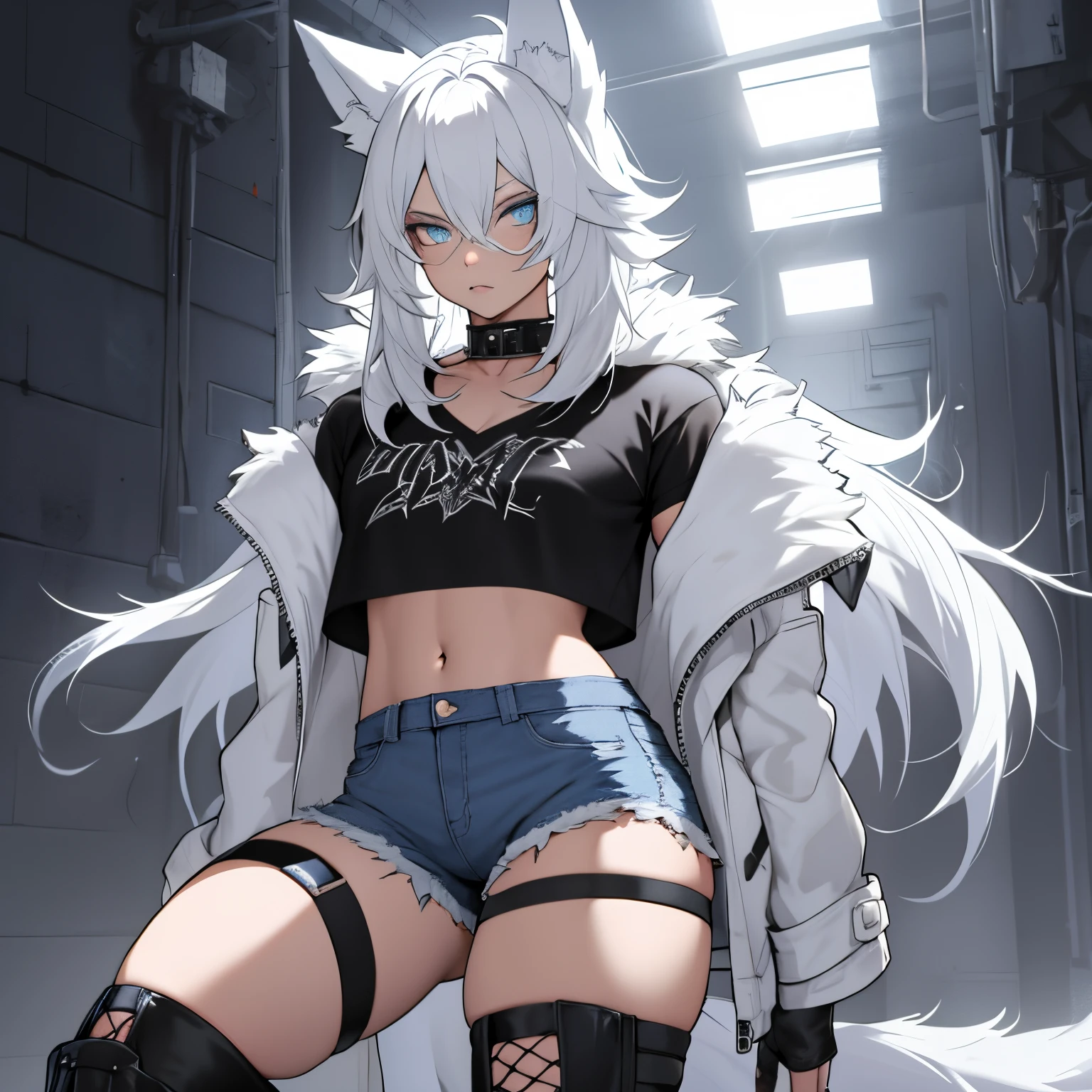 Single boy, Anime Femboy, Short, Long white hair, wolf ears, wolf tail, blue eyes, wearing short denim shorts, thigh high fishnets, black combat boots, wearing fur lined open jacket, flat chest, super flat chest, wearing cropped t-shirt, solo femboy, only one femboy ((FLAT CHEST)) solo, alone, (SOLO)(ALONE) thicc thighs, wide hips, blue eyes, perfect eyes, perfect face, pouty lips, happy