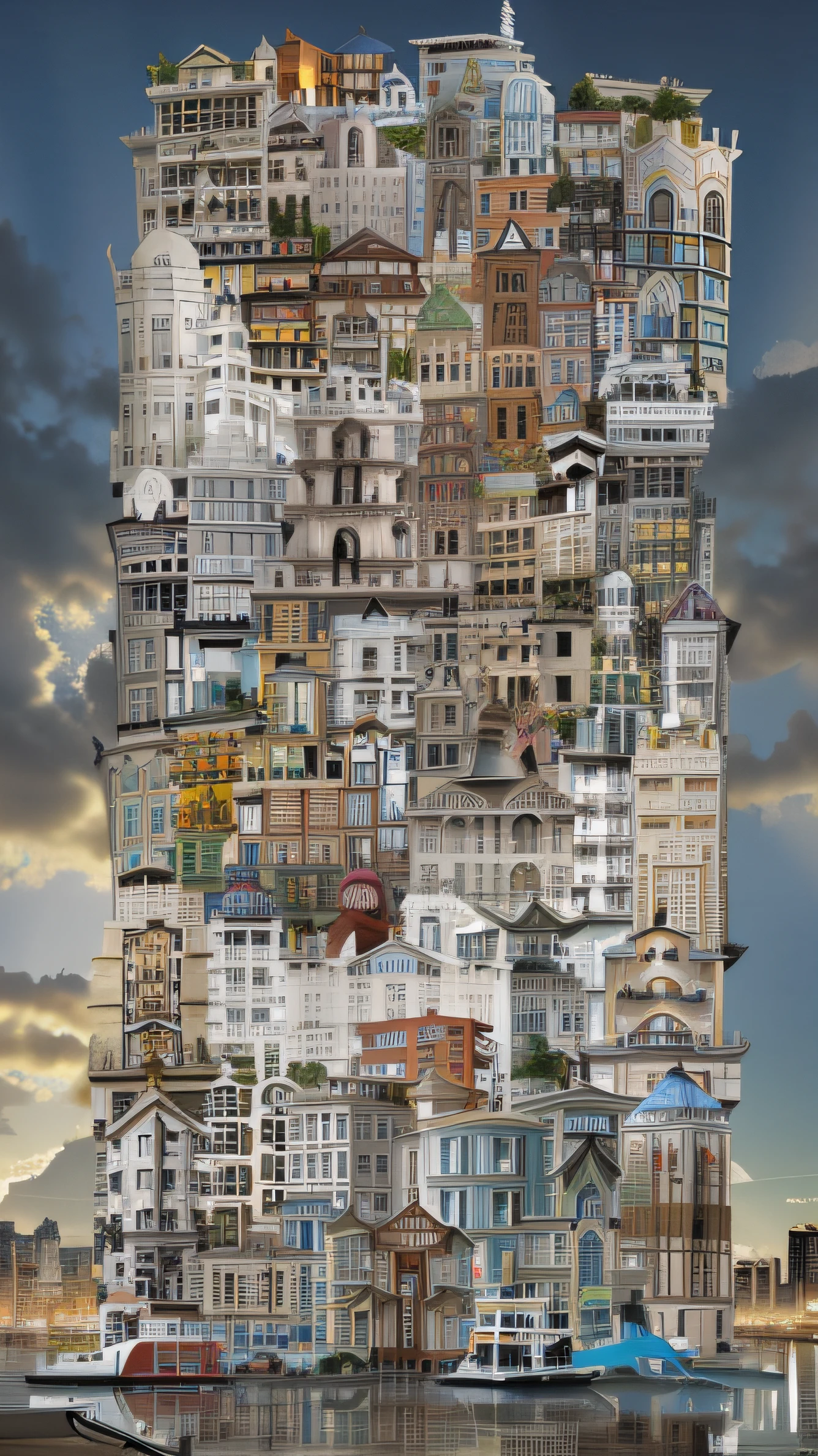 A photo of a city with many buildings, Kerem Beit, Multi-tiered mega-architecture, stacked city, stacked houses, stacked buildings, surreal architecture, Unique architecture, Both sides are high-rise buildings, lots of buildings, layers of architecture, author：neven horse racing, author：Ibrahim Kodra, many buildings, completed building