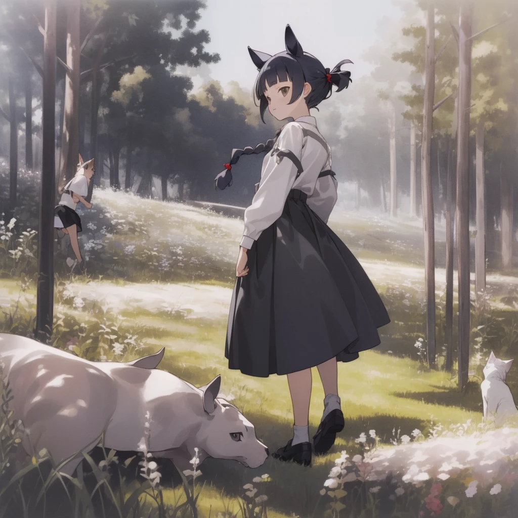 (tmasterpiece, Best quality at best, A high resolution: 1.2), 1 girl, Alone, dual horsetail, With gray eyes, The upper part of the body, a skirt, silber hair, Cat ears