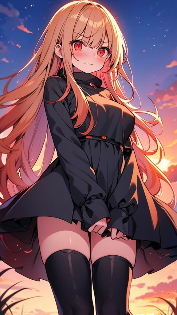 standing, hand between legs, legs spread, 1girl, sunset, full nude,blush, embarrassed, sunset, outdoors, evening, grass, dusk, twilight, from below, angry, wavy mouth, nsfw