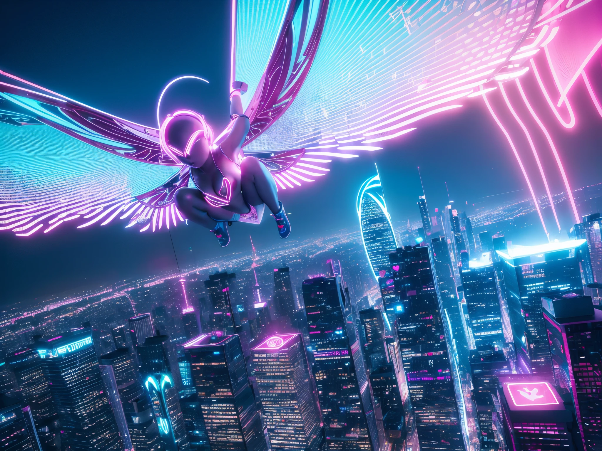 Illuminate a futuristic cityscape with neon lights where 3D hearts and roses pulse to the rhythm of urban life, with Cupid soaring overhead amid fractal skyscrapers.