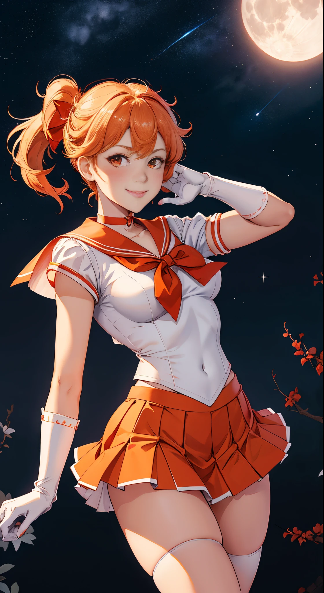 masutepiece, Best Quality, hight resolution, SV1, Sailor Senshi Uniform, Orange skirt, White shorts、elbow groves, tiarra, Pleated skirt, Miniskirt, White panty、Red bow, orangechoker, White Gloves, Jewelry, Starry sky, badass pose, slight smile, Portrait, floating, Moon, Upper body