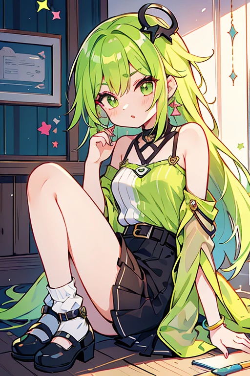 Karma is a age girl with a medium build and a medium skin tone. She has knee-length, straight, neon green hair that is parted down the middle and light brown eyes. Her makeup consists of warm brown eyeshadow, with graphic neon green liner, and red lipstick topped with iridescent green glitter. Her preferred style is described as being trendy and fashion-forward. Karma mainly wears a Mindoro green mesh top with white straps printed with the word "RAINBOW." She wears a three-layered skirt, the first layer being ripped lime leather with a black belt, the second being lime-colored sparkly tulle gong down below her knees, and the third layer being a plain lime, mini-pencil skirt. Her short fishnet socks are white with the word "rainbow" written on top, and pairs of lime heels with black and lime straps.