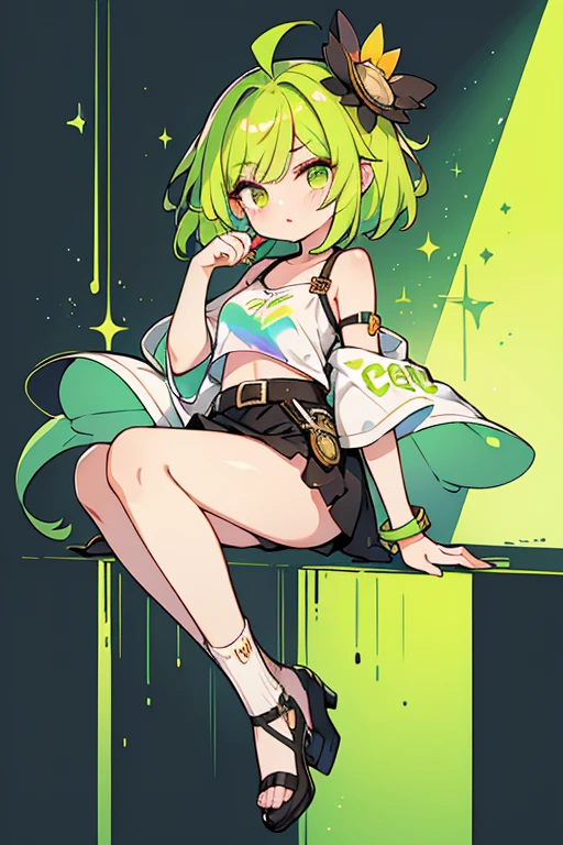 Karma is a teenage girl with a medium build and a medium skin tone. She has knee-length, straight, neon green hair that is parted down the middle and light brown eyes. Her makeup consists of warm brown eyeshadow, with graphic neon green liner, and red lipstick topped with iridescent green glitter. Her preferred style is described as being trendy and fashion-forward. Karma mainly wears a Mindoro green mesh top with white straps printed with the word "RAINBOW." She wears a three-layered skirt, the first layer being ripped lime leather with a black belt, the second being lime-colored sparkly tulle gong down below her knees, and the third layer being a plain lime, mini-pencil skirt. Her short fishnet socks are white with the word "rainbow" written on top, and pairs of lime heels with black and lime straps.