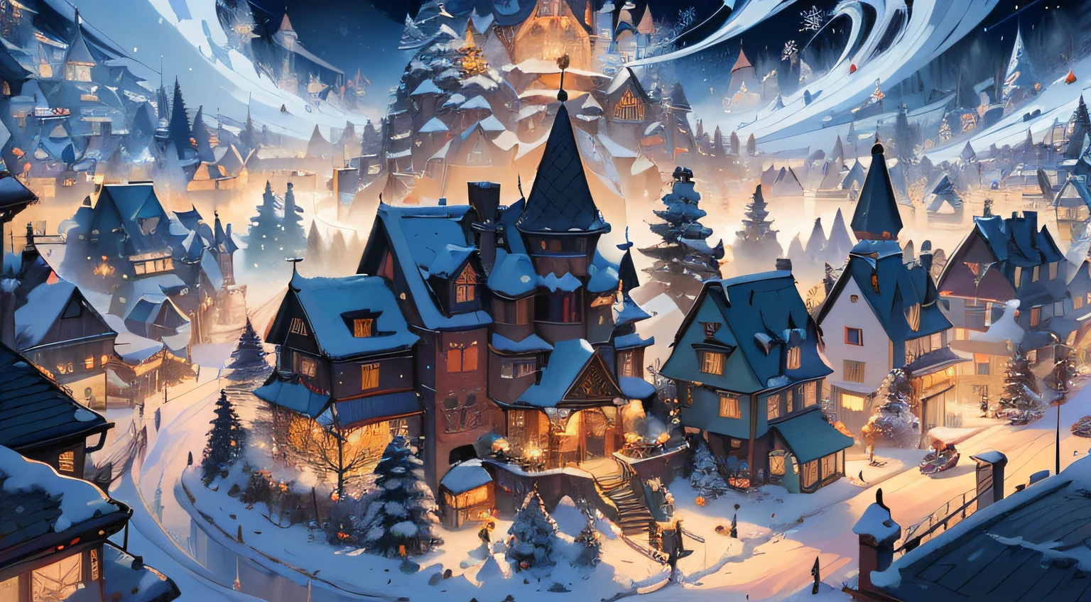 (((tmasterpiece))),(((high high quality))),(((8k wallpaper))),(((Aerial view of a huge winter town,hori'Decorated with holiday decorations,stately christmas tree))),(((Lights twinkling over the village))),(((starting tree))),(((festival village))),(((Yuki))),(((snow covered scene))),(((Winter wonderland))),(((snowflower))),(((Rawson River Cabins and Villas))),(((Create a charming entrance to this winter paradise))),(((camera top view))),(((amazing scenery))),(((Vivid Landscapes capture the festive atmosphere with stunning views))),(((The charm of the four seasons is fascinating))),(((Amazing panorama of the winter charm of the village))),(((Brilliant colors in holiday decorationtraordinary experience,Make your vacation dreams come true))),(((An unreal journey into winter paradise))),(((A surreal environment where joy and snow are intertwined))),(((Stunning winter fantasy landscape with stunning scenery))),(((stunning images))) Decorations full of festive magic,(((dreamlike perspective,Reality shines with charming charm))),(((Spectacular snowflakes falling from the sky))), fantasy art style, Best quality at best, ultra - detailed, The scenery is covered with the most beautiful coat of winter,(((snow white forest))), stunning winter landscape,(((Best quality at best))),(((A high resolution))),(((Focus sharp))),(((ultra - detailed))),(((The content is very detailed))),(((extremely high quality artwork))),(((8k wallpaper))),(((Extremely detailed CG 8k))),(((Very beautiful 8K CG))),((Super detailed and perfect work)),(((flawless perfection))),(((Lighting))),(((动态照明))),(((Dinamic Light))),(((holiday glow))),(((cinematic shadow))),(((Textile shading))),(((colorful cathedral))),(((glowing reindeer))),(((Twinkling snowflakes))),(((Chimneys with smoke))),(((Glowing Window Holiday Wreath))),((( skating rink))),(((glow sled))),(((Roof of the World))),(((iintricate))),((( mugwort.
