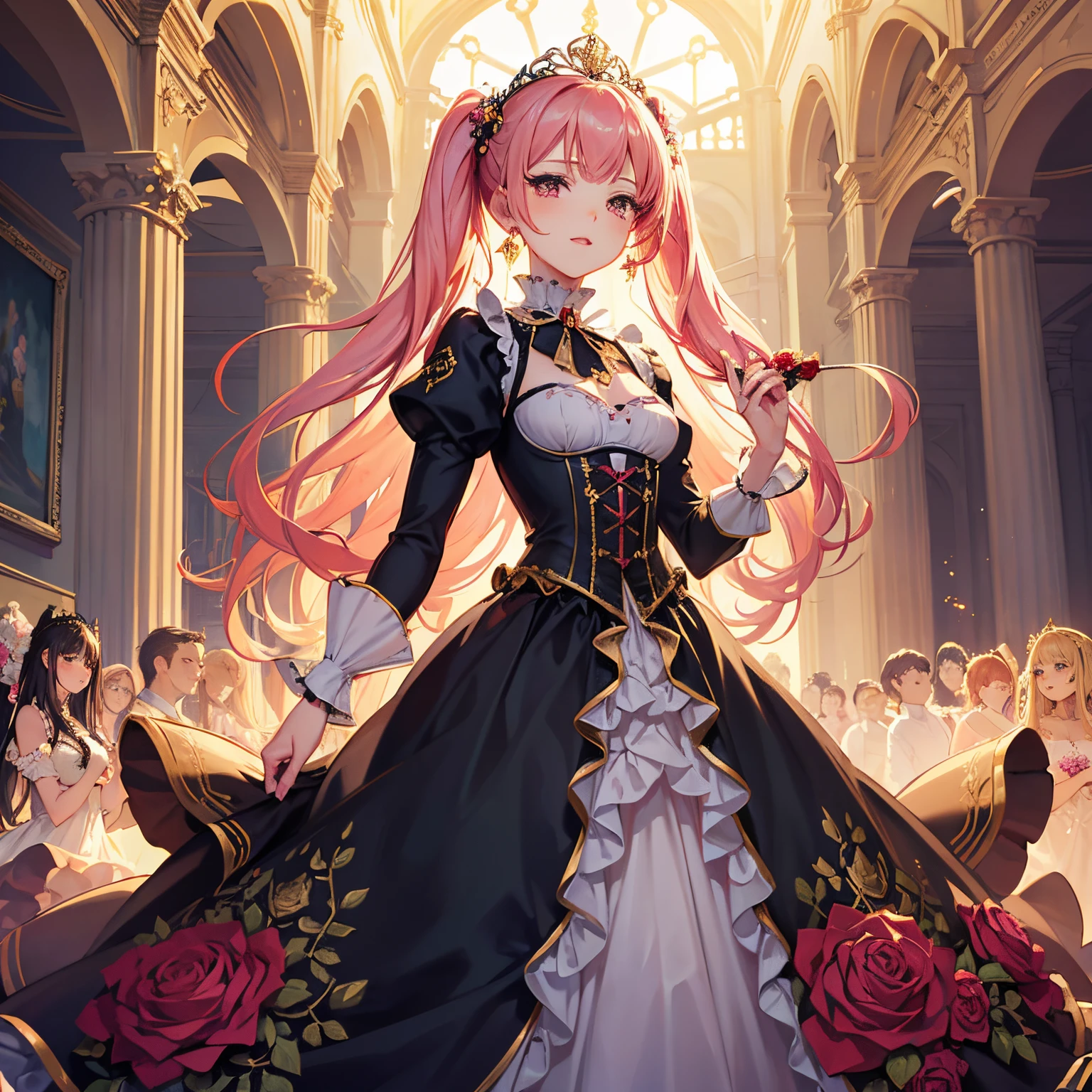 Best quality,highres:1.2), ultra-detailed,realistic, anime style, portrait, full-length, pretty 15 years old princess, beautiful detailed eyes, cute happy expression, long red pigtails hair, pink eyes, small breast, makeup and lipstick, steampunk, golden gears and machinery details, red and white ball gown with puffy sleeves, lace trim and ruffles, elaborate embroidery, delicate lace gloves, pretty tiara adorned with gems, fancy necklace and earrings,princess holding a rose bouquet in her hand, standing in a lush garden with blooming flowers, cobblestone pathway, steampunk landscape with floating islands and airships, cotton candy-colored clouds, soft golden sunlight illuminating the scene.