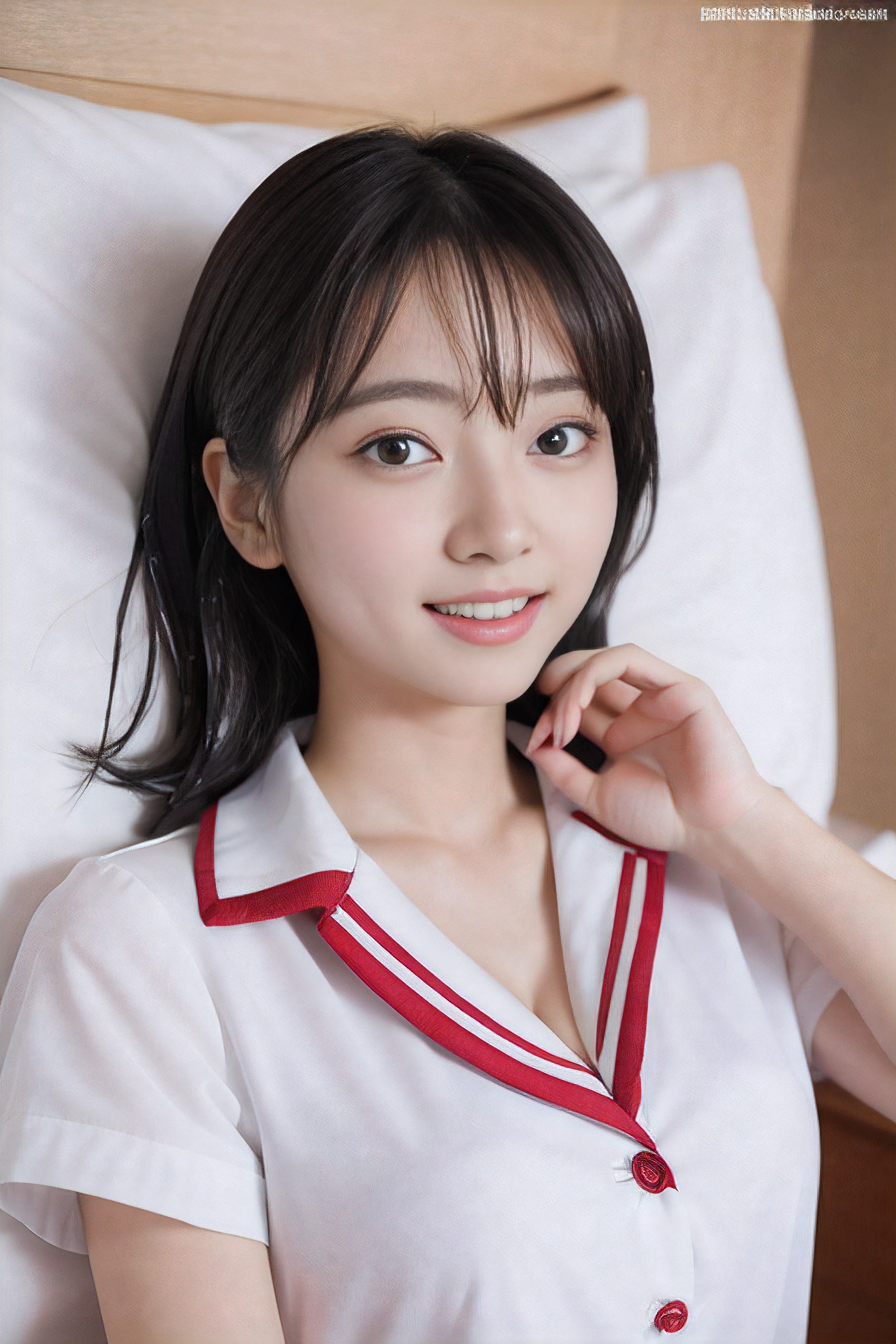 ulzzang -6500-v1.1, (Raw foto:1.2), (Photorealsitic), (Beautiful mind and body girl, extremely detailed eye and face, beatiful detailed eyes), hight resolution, ighly detailed, top-quality, (masterpiece:1.6), (JK school uniform),Real, ighly detailed, nffsw, finely detail, top-quality, Highly detailed ticker uniform 8K wallpaper, Cinematographic lighting, 1girl in、Cute Japan sexy actress in schoolgirl style、Perfect and healthy body、(Unbuttoning a white school blouse)、(Colossal tits、cleavage of the breast)、cute little、Beautiful big eyes、Sweating and getting wet、(sexual excitement)、(lyin in bed:1.5)、Raise both hands、School uniform ribbon around neck、A slight smil、(the whole body is wet)、Shining eyes、Sexy Subposes、Tight waist circumference、Keep an open mind、Clear skin、