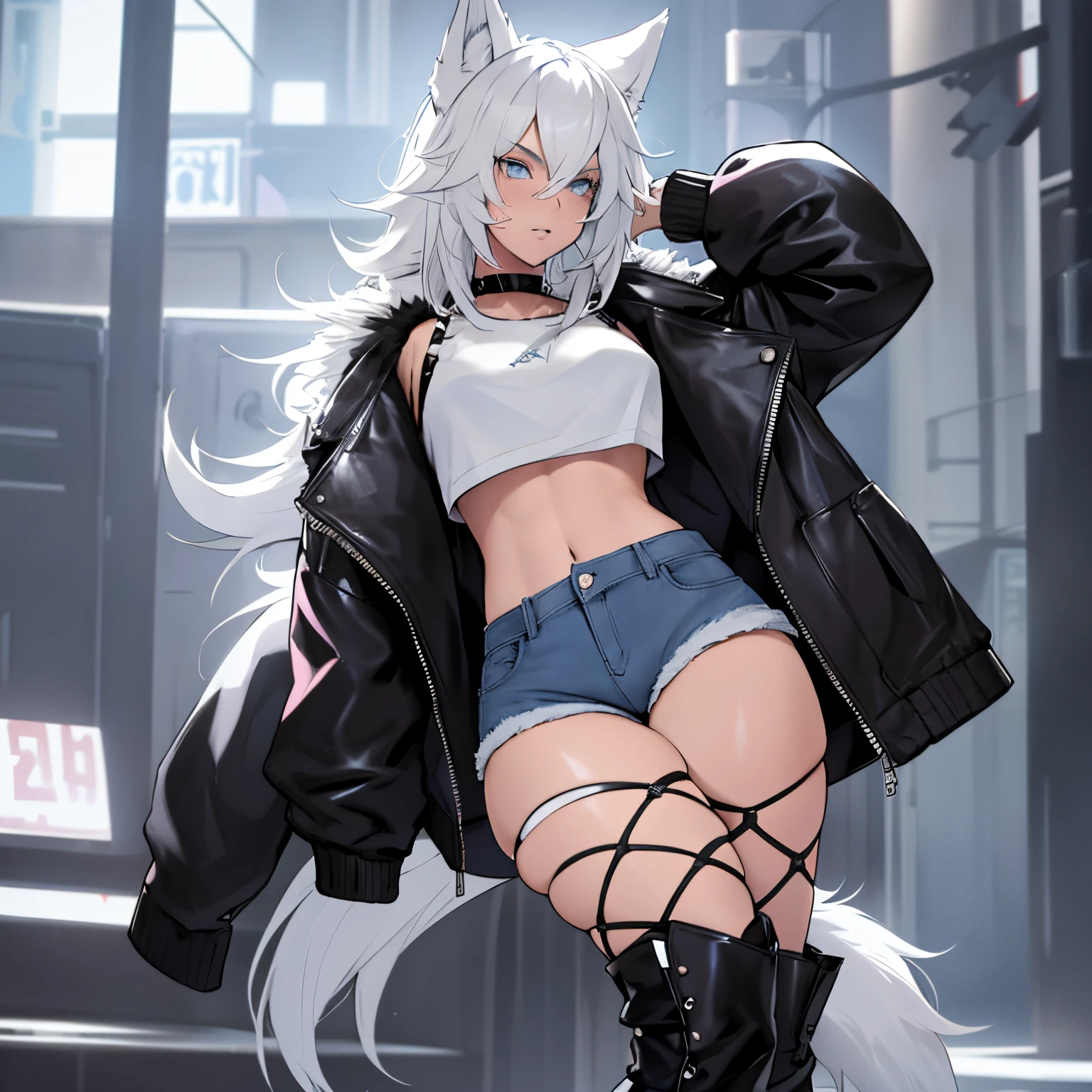 Single boy, Anime Femboy, Short, Long white hair, wolf ears, wolf tail, blue eyes, wearing short denim shorts, thigh high fishnets, black combat boots, wearing fur lined open jacket, flat chest, super flat chest, wearing cropped t-shirt, solo femboy, only one femboy ((FLAT CHEST)) solo, alone, (SOLO)(ALONE) thicc thighs, wide hips, blue eyes, perfect eyes, perfect face, pouty lips, happy