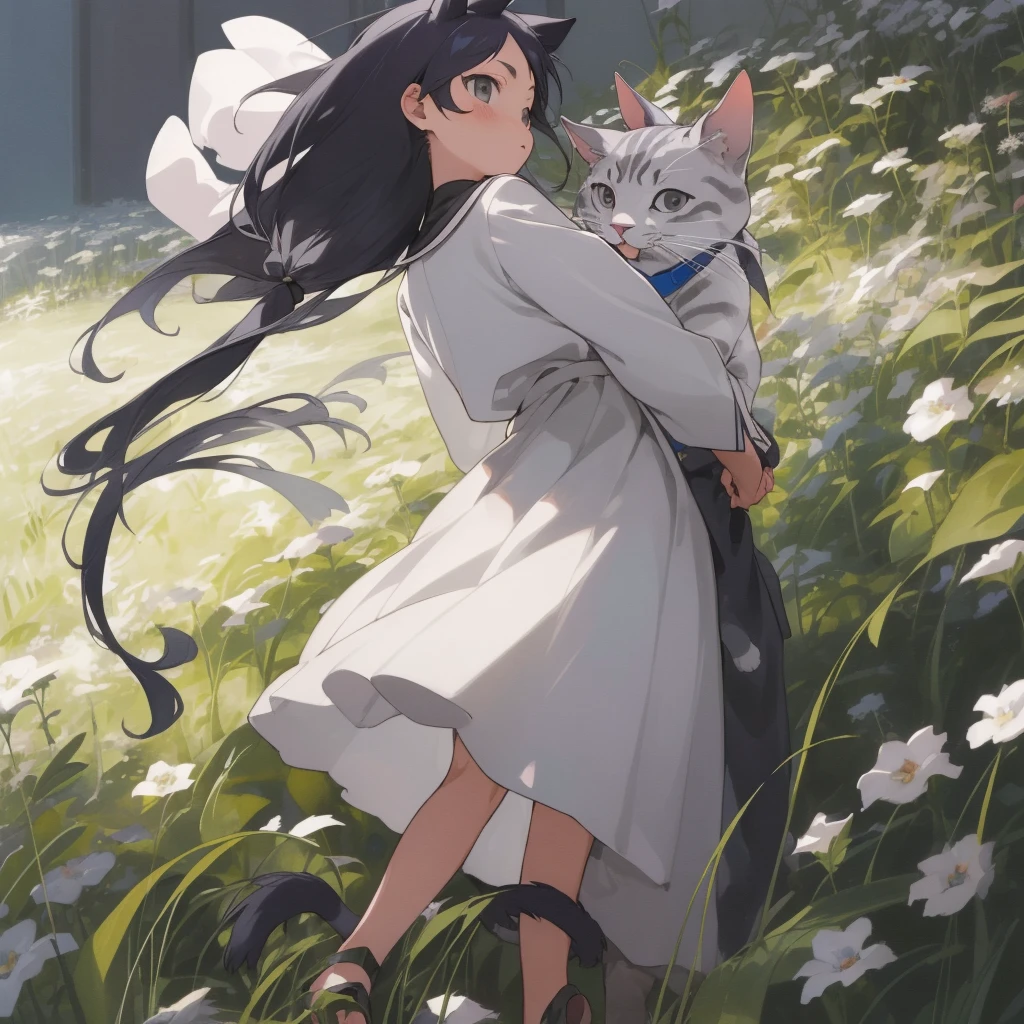 (tmasterpiece, Best quality at best, A high resolution: 1.2), 1 girl, Alone, dual horsetail, With gray eyes, The upper part of the body, a skirt, silber hair, Cat ears