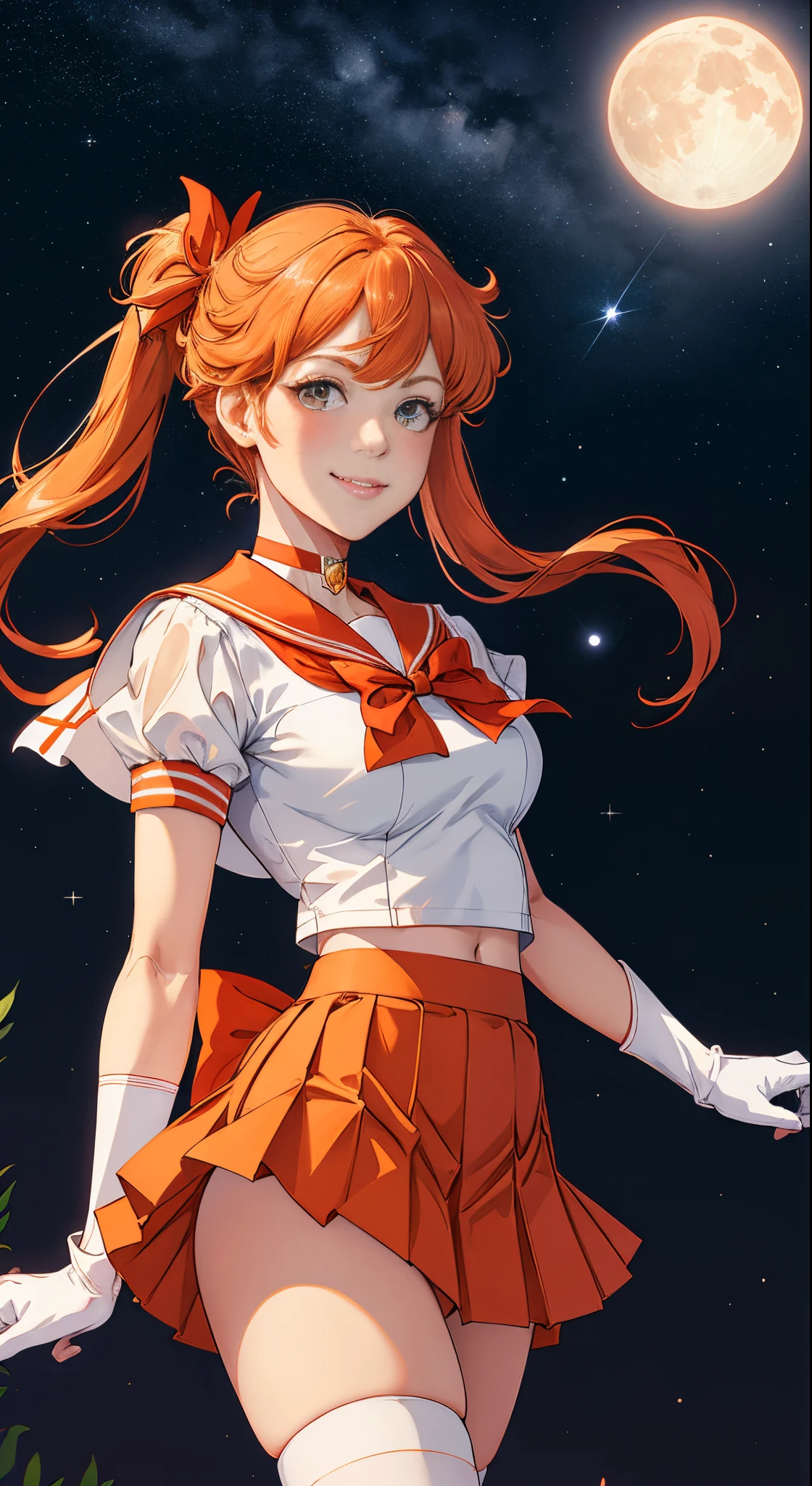 masutepiece, Best Quality, hight resolution, SV1, Sailor Senshi Uniform, Orange skirt, White shorts、elbow groves, tiarra, Pleated skirt, Miniskirt, White panty、Red bow, orangechoker, White Gloves, Jewelry, Starry sky, badass pose, slight smile, Portrait, floating, Moon, Upper body