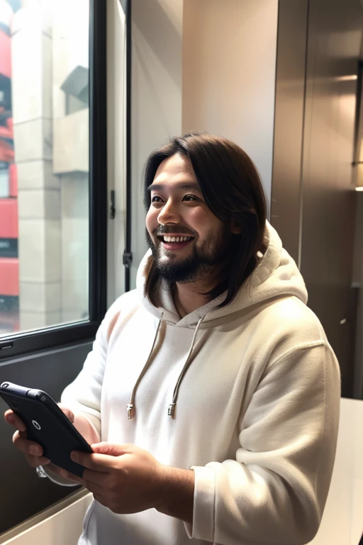 Fat long-haired man looking at smartphone,a smile,30 year old Japanese man,Wearing a white hoodie