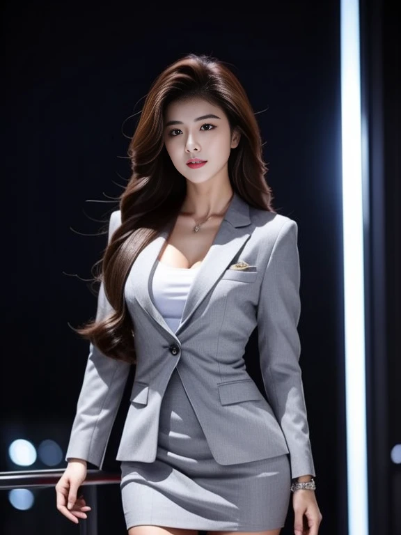 1girl in，Professional dresses，Small suit，Shirt，Long grey hair，full body Esbian，城市，the night，lateral chest，Walk from the front，full body Esbian，conservative professional attire，