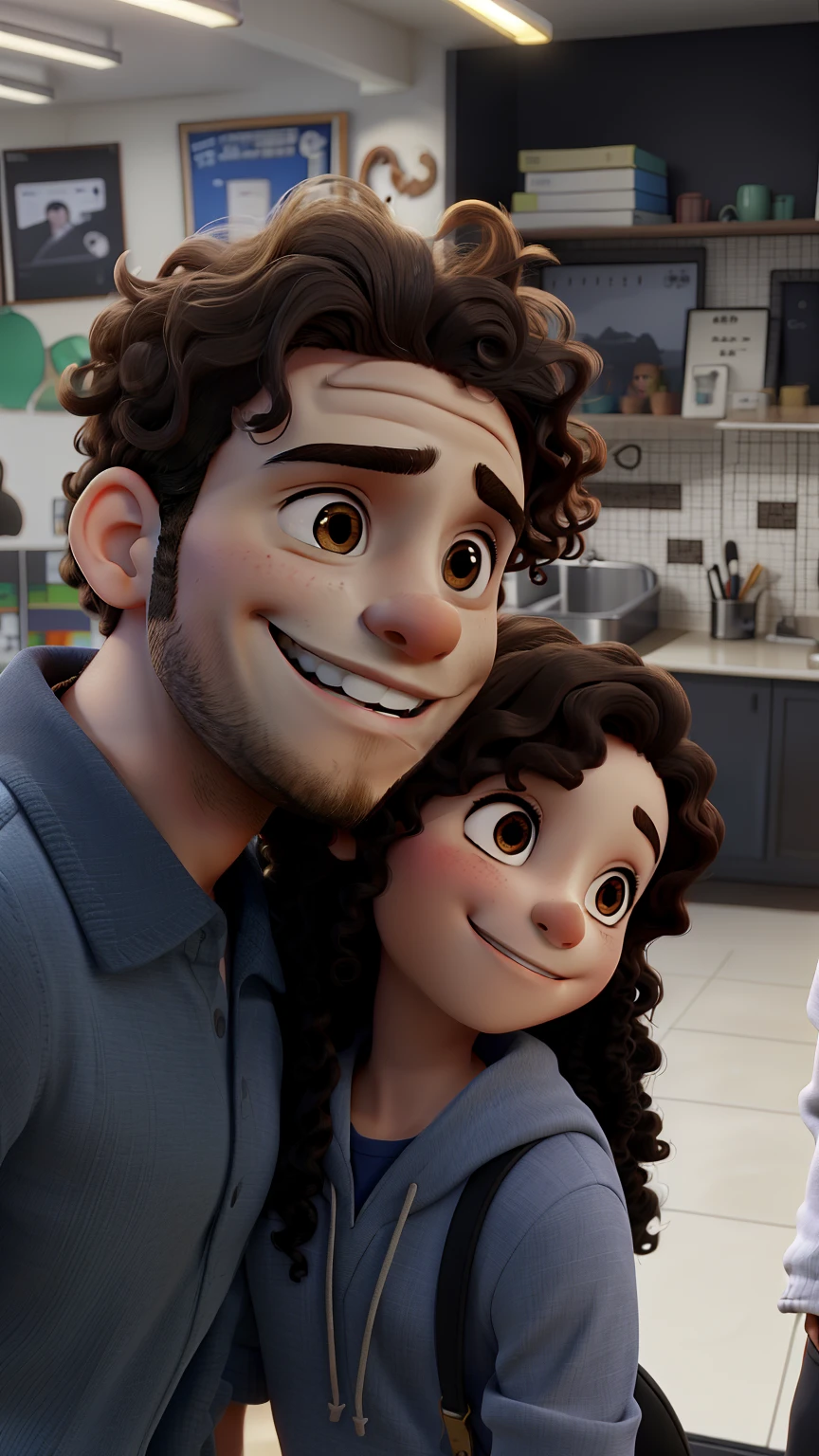 Um casal sorrindo, the man with straight hair and the girl with curly hair, animados