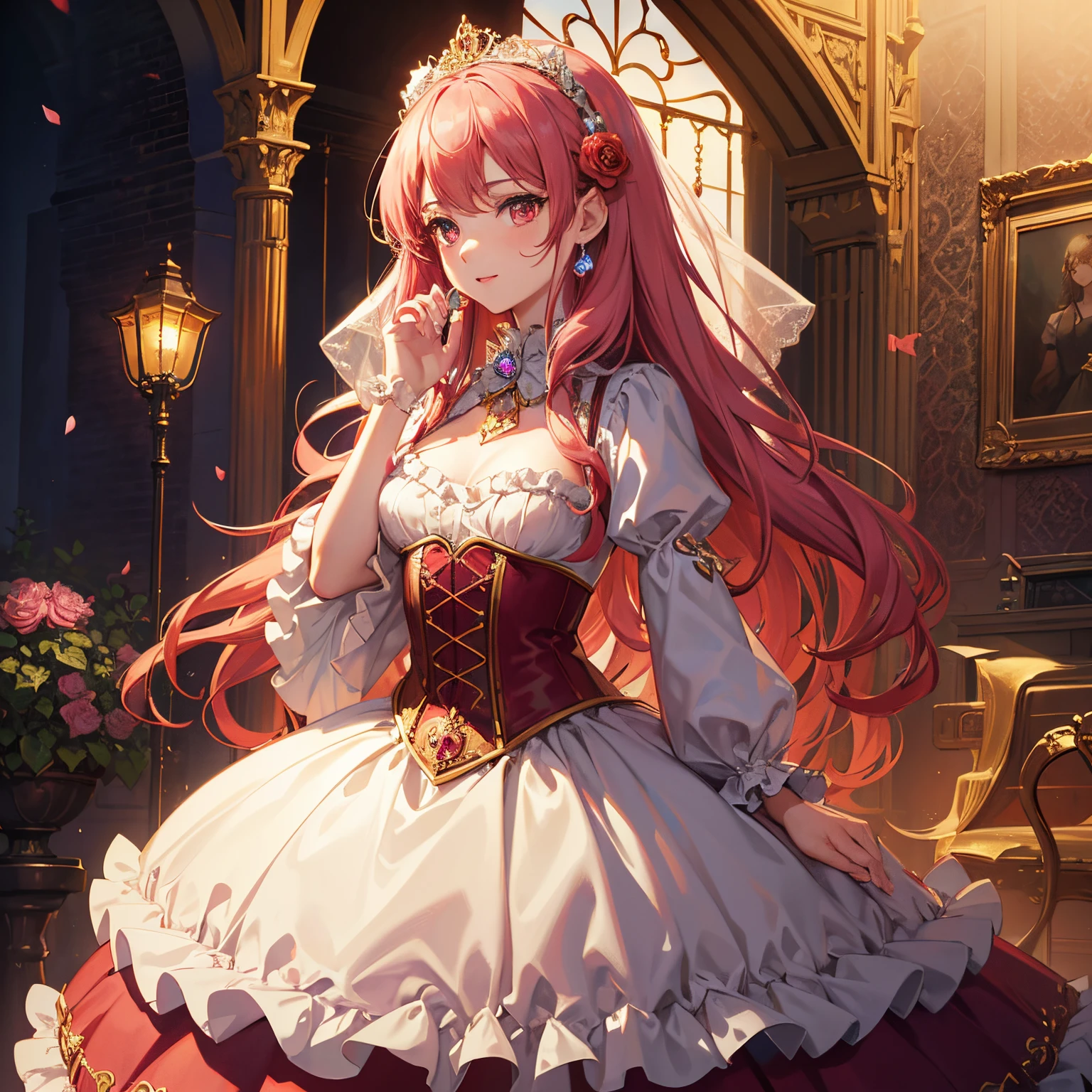 Best quality,highres:1.2), ultra-detailed,realistic, anime style, portrait, full-length, pretty princess, beautiful detailed eyes, cute happy expression, long red pigtails hair, pink eyes, small breast, makeup and lipstick, steampunk, golden gears and machinery details, red and white ball gown with puffy sleeves, lace trim and ruffles, elaborate embroidery, delicate lace gloves, pretty tiara adorned with gems, fancy necklace and earrings,princess holding a rose bouquet in her hand, standing in a lush garden with blooming flowers, cobblestone pathway, steampunk landscape with floating islands and airships, cotton candy-colored clouds, soft golden sunlight illuminating the scene.