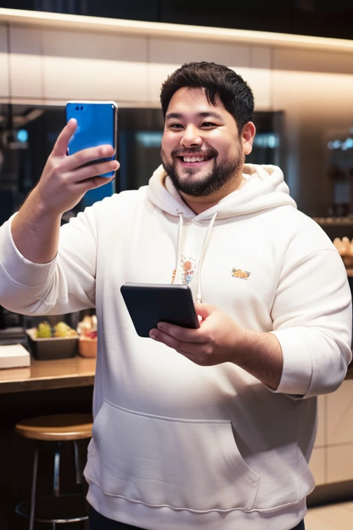 A slightly fat man looking at a smartphone,a smile,30 year old Japanese man,Wearing a white hoodie