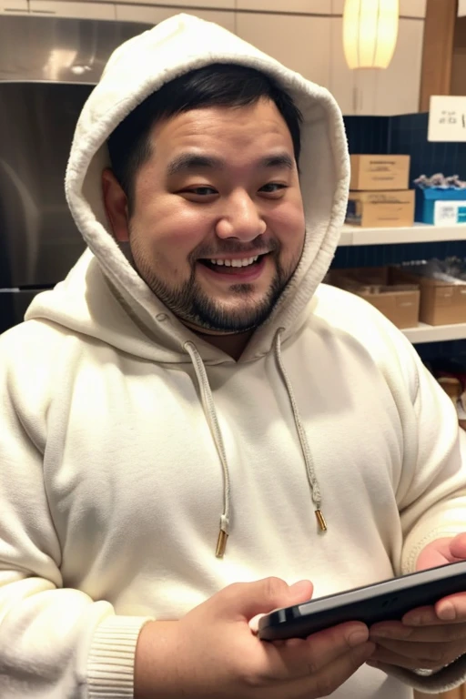 A slightly fat man looking at a smartphone,a smile,30 year old Japanese man,Wearing a white hoodie