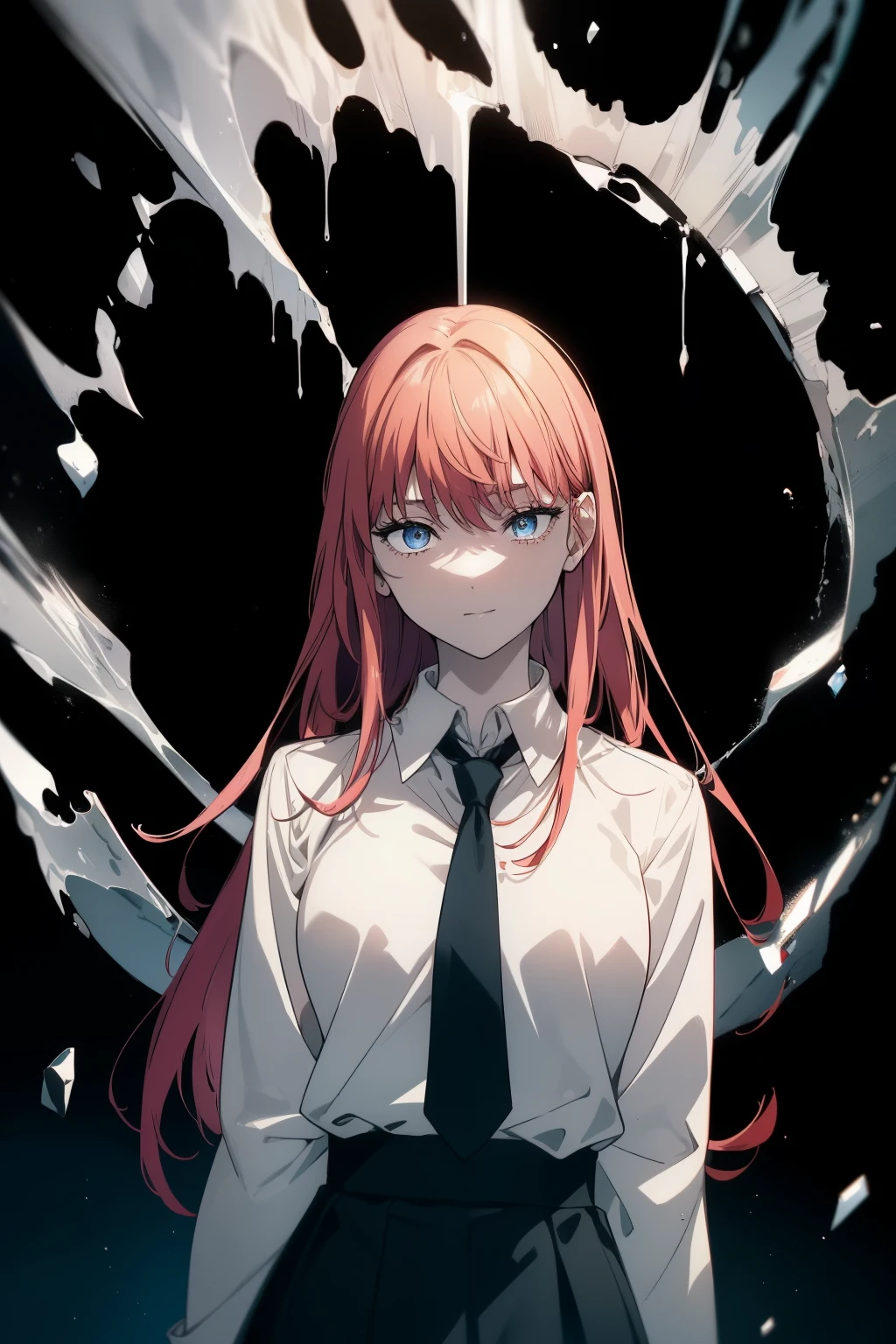 (best quality), (masterpiece), (highres), (depth of field), perfect lighting, extremely detailed girl, extremely detailed face, 1 girl, beautiful detailed eyes, full body, (looking at viewer),(sharp focus) makima \(chainsaw man\), red hair, long braided hair, golden eyes, bangs, medium breasts, white shirt, loose necktie,  untied necktie, glowing eyes, swirl eyes, small smile, (dark background, chains:1.3), holding chain, evil, blood on face,