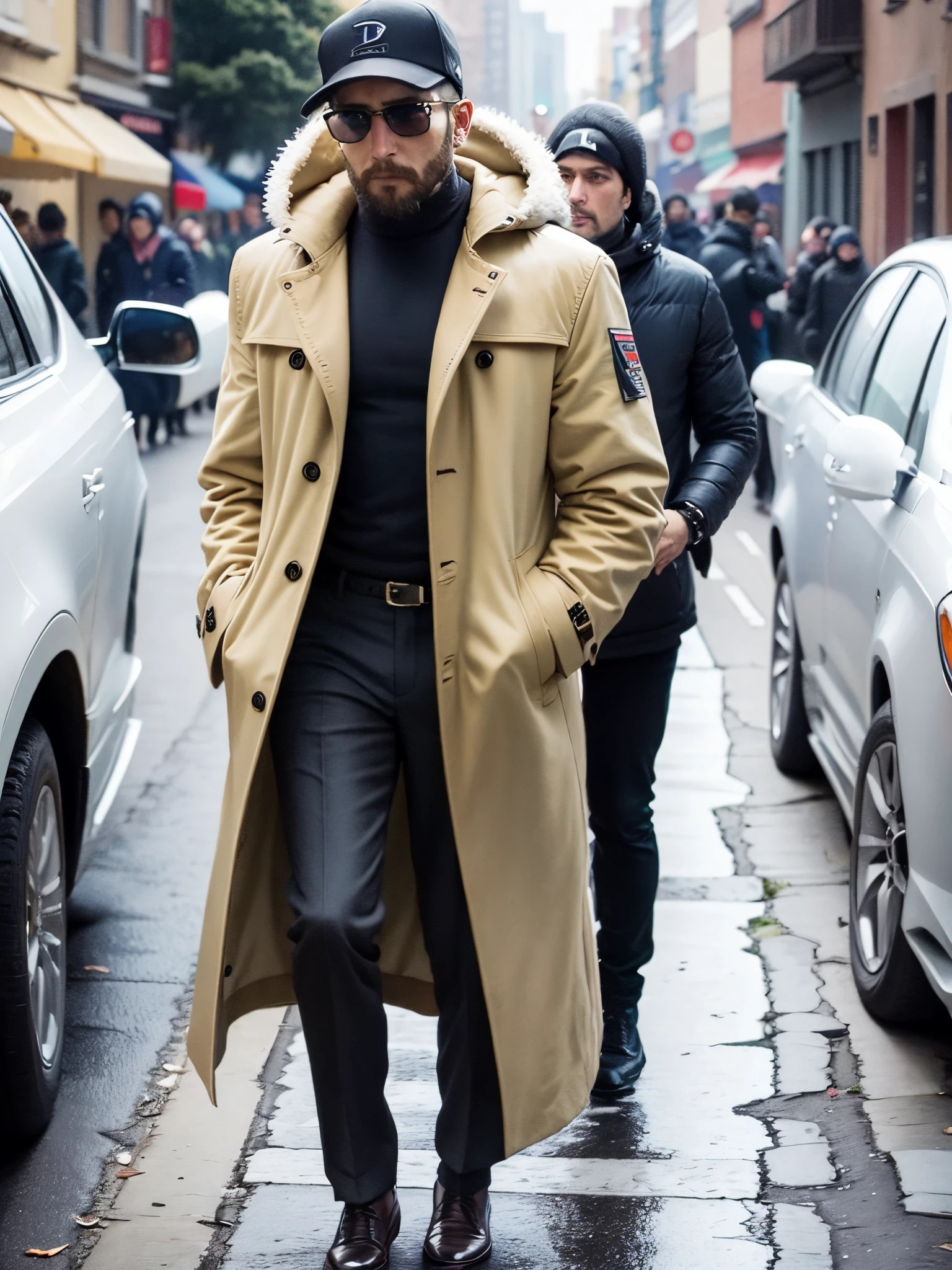 man in coat and sunglasses walking down a street, high fashion male appeal, wearing animal fur clothes, jaguar, high quality fashion photo essay, menswear, wearing a jaguar synthetic leather trench coat, inspired by Rajesh Soni, style of anton fadeev, by derek zabrocki, wearing a jaguar synthetic leather coat,  Dress with expensive clothes