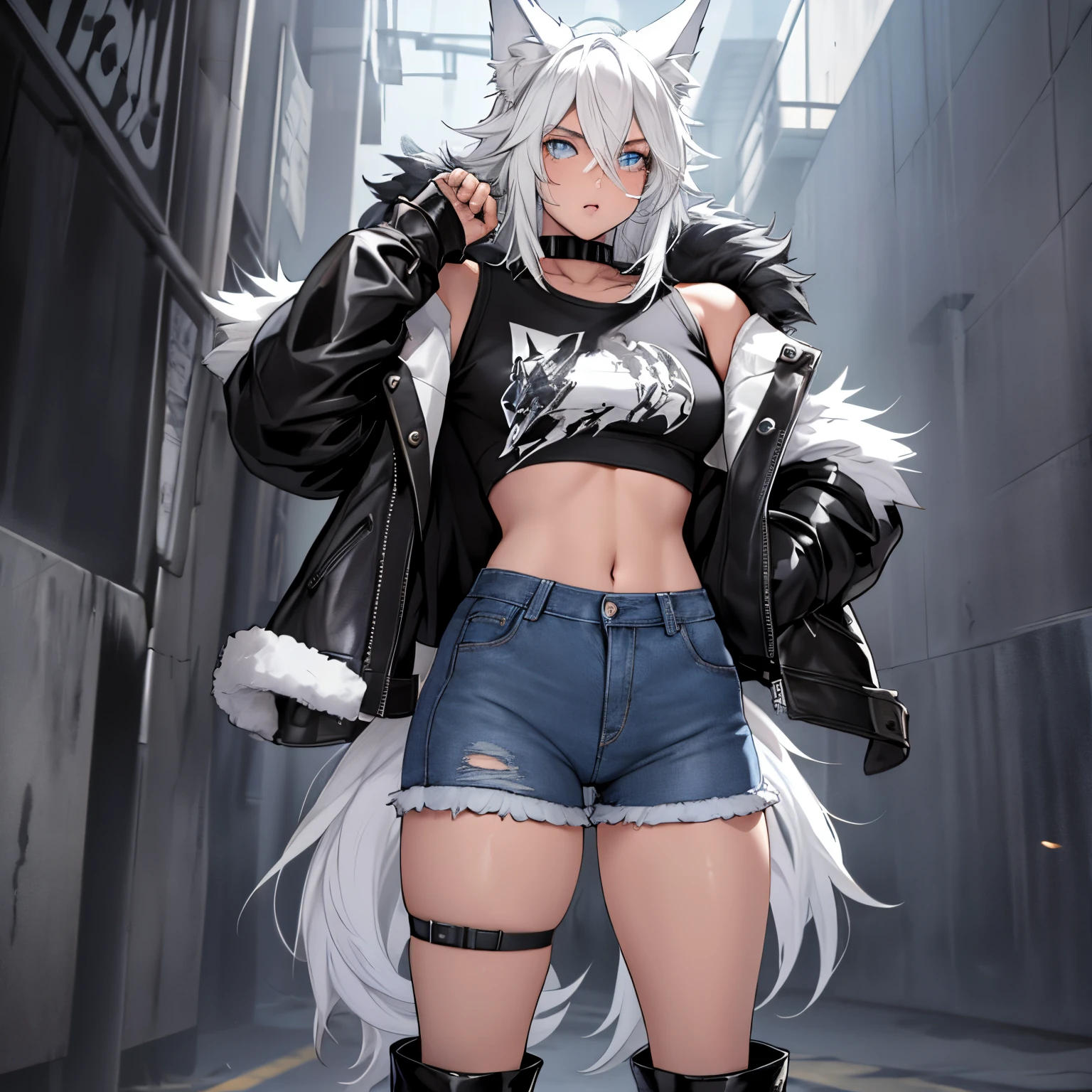 Single boy, Anime Femboy, Short, Long white hair, wolf ears, wolf tail, blue eyes, wearing short denim shorts, thigh high fishnets, black combat boots, wearing fur lined open jacket, flat chest, super flat chest, wearing cropped t-shirt, solo femboy, only one femboy ((FLAT CHEST)) solo, alone, (SOLO)(ALONE) thicc thighs, wide hips, blue eyes, perfect eyes, perfect face, pouty lips, happy