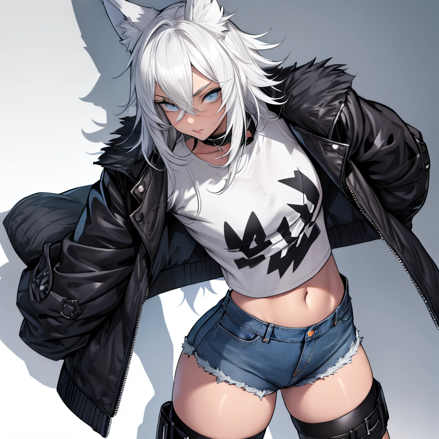 Single boy, Anime Femboy, Short, Long white hair, wolf ears, wolf tail, blue eyes, wearing short denim shorts, thigh high fishnets, black combat boots, wearing fur lined open jacket, flat chest, super flat chest, wearing cropped t-shirt, solo femboy, only one femboy ((FLAT CHEST)) solo, alone, (SOLO)(ALONE) thicc thighs, wide hips, blue eyes, perfect eyes, perfect face, pouty lips, happy