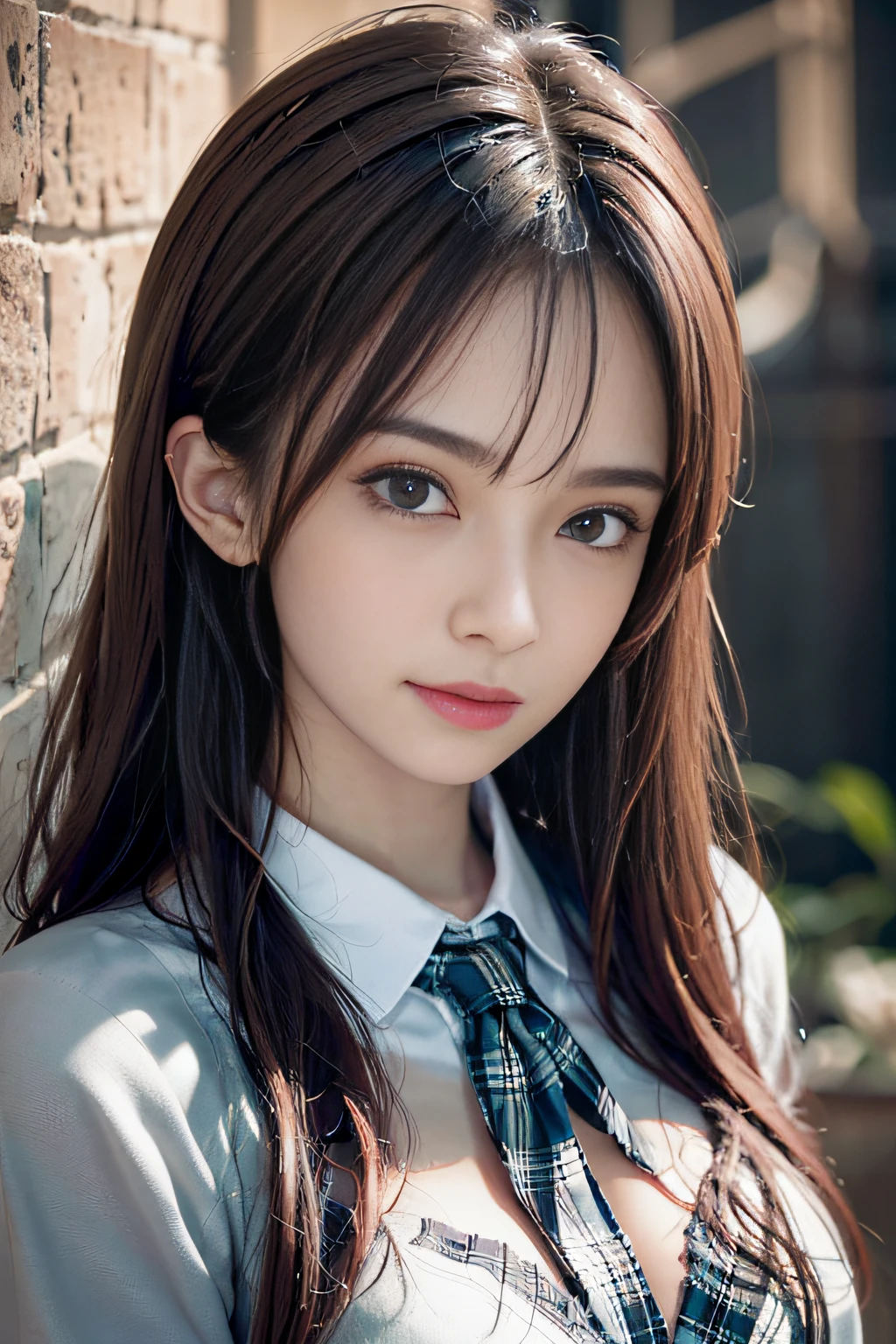 (A hyper-realistic)、(illustratio)、(hight resolution)、(8K)、(ighly detailed)、(Best Illustration)、(beautifully detailed eyes)、(top-quality)、(ultra-detailliert)、(masterpiece)、(wall-)、(A detailed face)、独奏、1 girl in、looking at viewert、fine detailed、A detailed face、in the darkness nigth、deep-shadows、lowkey、pureerosfaceace_v1、A smile、long、Black shawl straight hair、46-point diagonal bangs,female students、(white blazer chest measurement)、Translucent white blouse、red bowtie、(Miniskirts in bright colors,Plaid)、A smile,